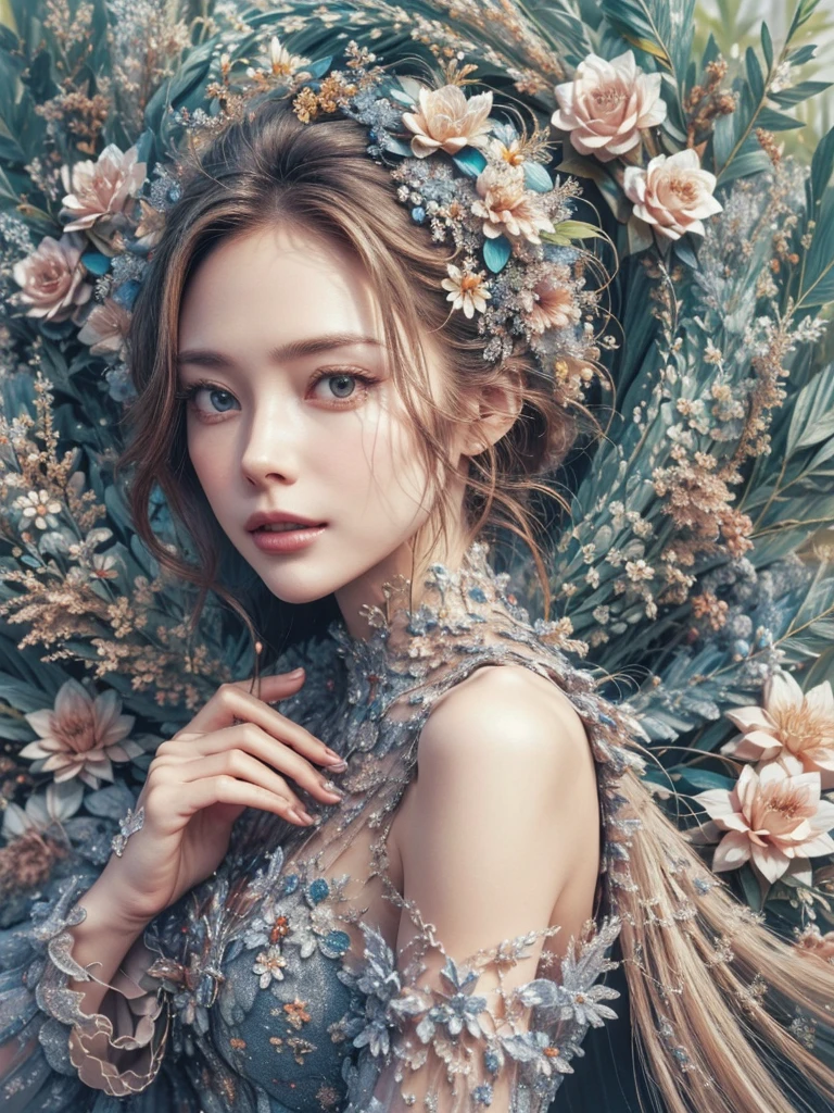 ((((8k))),(highest quality color photo of a mysterious beautiful woman in floral clothing on a fashion magazine cover, Haute couture fashion shoot:1.2),(Very delicate and beautiful work:1.2), Elegant pose, Glamorous fashion pose, Art Nouveau, focus on Art Nouveau suit, Floral Couture, Luxury Fashion,(She is the epitome of beauty and charm., Her clothes are as soft and light as air., Elegant and sophisticated fashion,) Detailed face, View your viewers, Fine grain, Iris, Glossy Lips , A gentle yet mysterious expression, ((Beautiful voluptuous breasts)）,High color saturation, Surrealism , (highest quality, masterpiece, Super detailed, Ultra-high resolution, Realistic, RAW Photos, Absurd, The absolute solution:1.4),brake, Divine Light, With neon lights, Spectacular backdrop, Starry sky background, Simple Background,