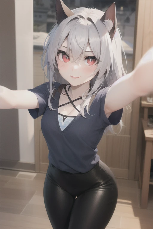 Meisterwerk, best quality, detailliertes Gesicht, detaillierte Augen, beschnittene Pupillen, White eyes, rote Sklera, Happy, enge Hosen, enge und detailreiche schwarze Leggings, [smile, [Halskette mit Stacheln], Pentagramm], Stehen, Stehen, den Betrachter anschauen, outside, Nachbarschaft im Hintergrund, koketter Ausdruck, selfie, Ein Selfie machen,  zwinkerndes Auge