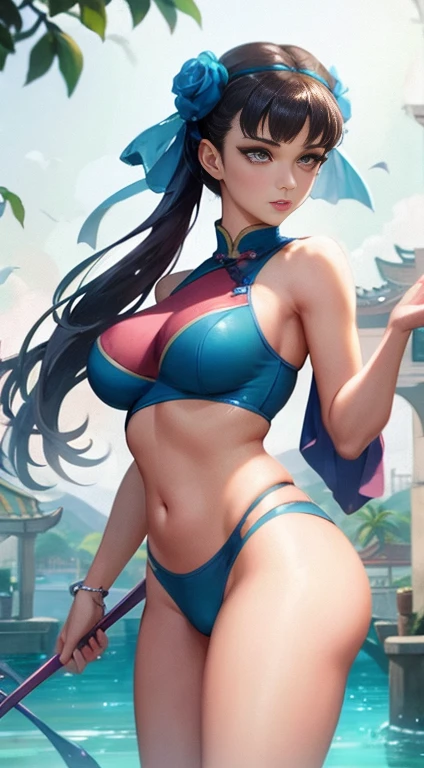 Fashion model 18 years old [[[[Close-up cleavage]]]], [[[[ , Huge breasts, Showing cleavage，Perfect body，Her graceful figure, Slim waist，Curve symmetry, ]]], [[[[Cole]]]], [[[[bShoulder]]]], Perfect eyes, Perfect iris，Perfect lips，Perfect Teeth，Perfect skin，Fair skin，Soft headlight，HDR，Movie Girl，Delicate face，Blue headband，Drape headband，The headband has a four-leaf clover-shaped decoration、Bow、Pearl decoration，Holding pink lotus，Chinese Clothing，Sexy bulge，The background is the water's edge，flowing water，waterfall man，4k ultra high definition, Ultra-high resolution, (Reality: 1.4), best quality，masterpiece，Super dilution，（Pastel colors：1.2)