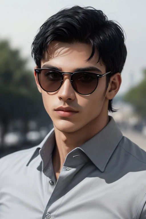 ((best quality)), ((masterpiece)), (detailed), perfect face,Fearless Men , White skin Short black Hair, Brava, big, black, unisex, sunglasses, Grey Lens, dark blue shirt, White skin, Take a photo with a serious pose.
