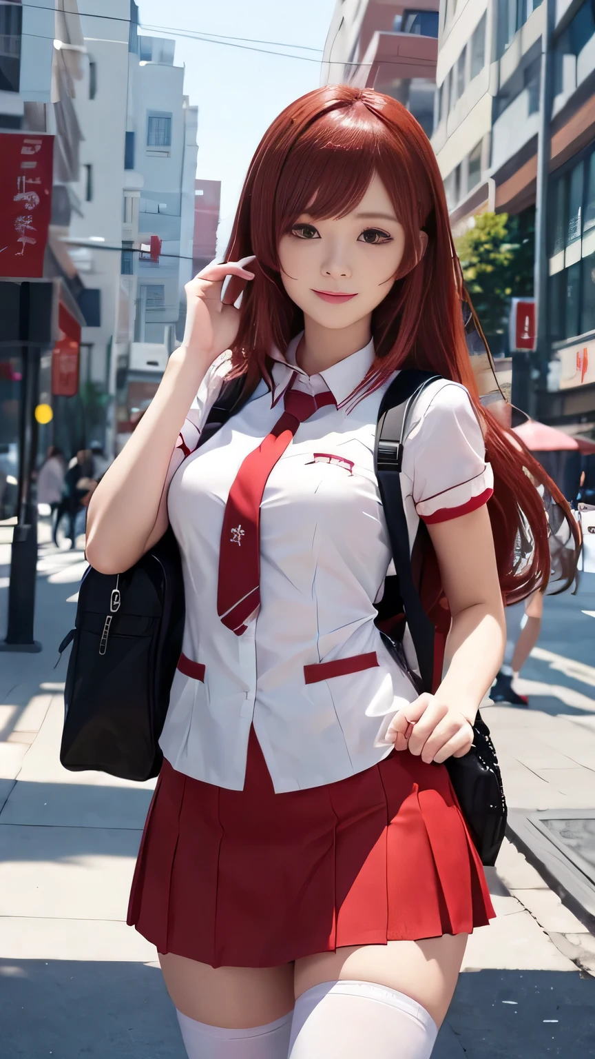 woman poses for a photo in a red short skirt and white shirt, Surrealism female students, Realistic , photorealistic anime girl rendering, thigh highs and skirt, 3 d anime realistic, small curvaceous , wearing skirt and high socks,  (carrying a backpack), Photorealistic anime, cute female student, Realistic anime 3 D style, Female Student