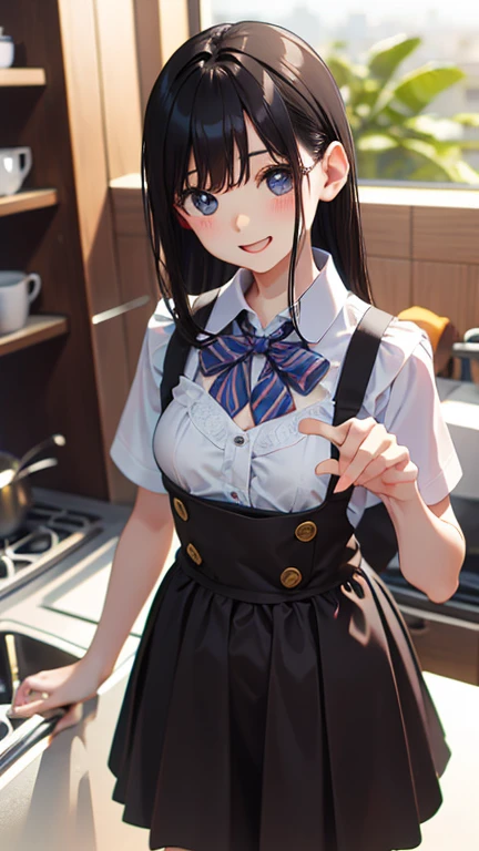 masterpiece, highest quality, One girl, View your viewers, Small waist, RAWphotograph,Hands intricately、Beautiful fingertips、 Ultra-realistic, High resolution, photograph, Sharp focus, Most detailed, Very detailed, Super detailed, In detail, Very detailed目と顔,Very detailed手と指、Young Wife、Thighs, beautiful girl,View your viewers, Small waist,Symmetrical face, whole body、uniform、Apron dress、Large Breasts、Beautiful clavicle、Long Hair、はだけたThighs、Beautiful navel、Beautiful cleavage、The bouncing breasts、kitchen、cooking、Happy expression