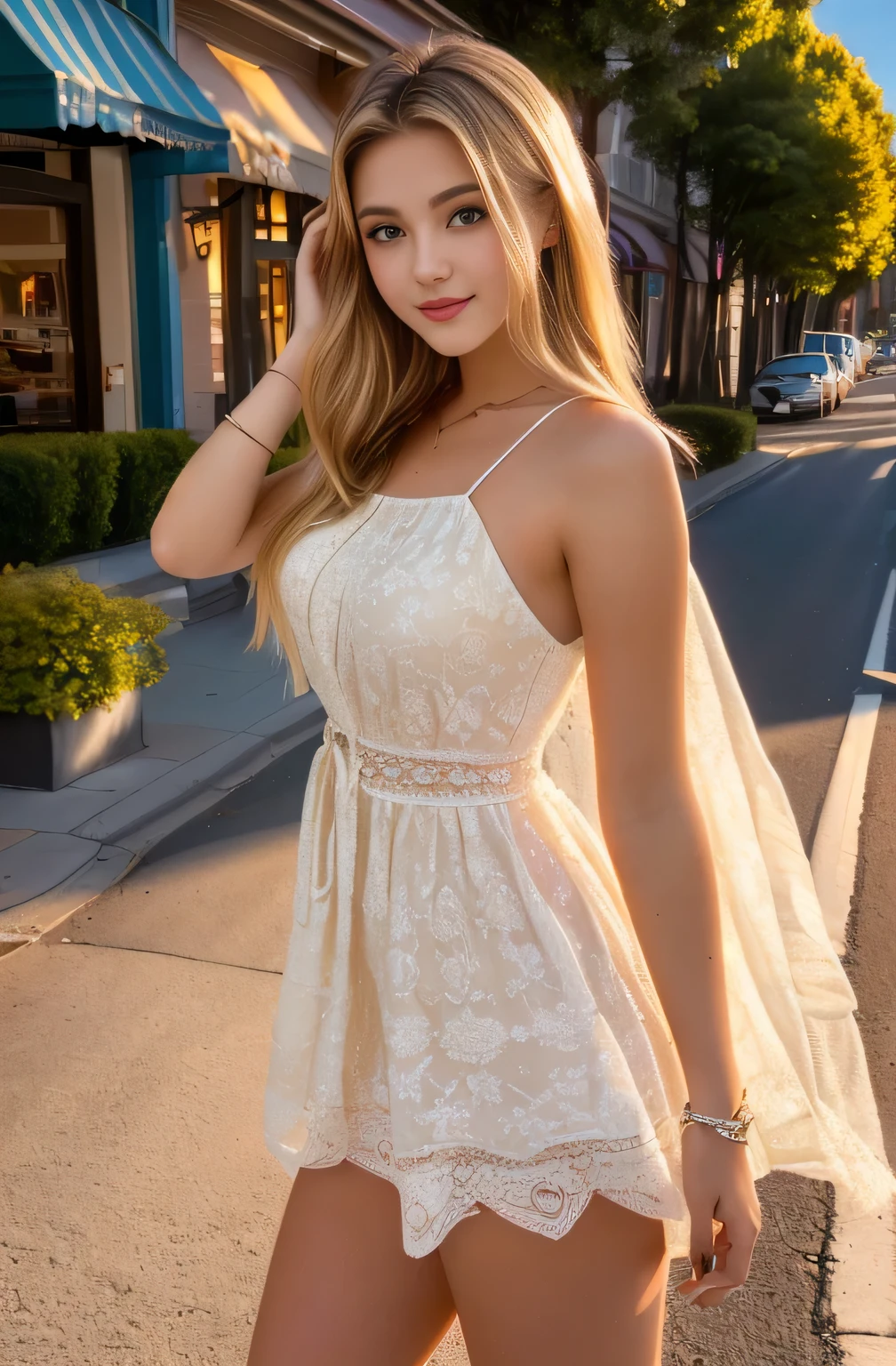 arafed woman in a chevroned sundress posing for a picture, in a street sidewalk at night, stunning lines, a gorgeous blonde, aztec short dress, crisp smooth lines, blonde goddess, beautiful blonde girl, beautiful alluring , gorgeous female, cute sundress, blonde, absolutely outstanding image, sexy dress, sundress, revealing stylish dress, beautiful blonde woman, cute