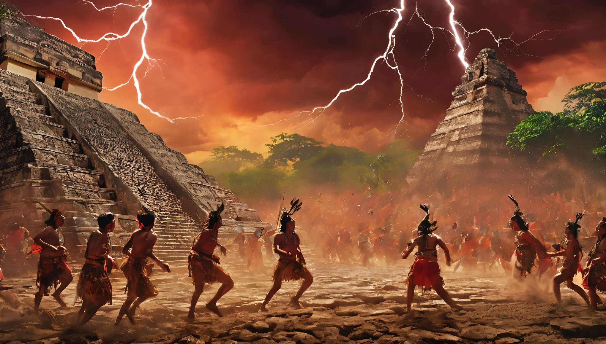 Maya civilization, apocalipse event, highly detailed maya people, maya people running, maya people falling down, maya people dying, maya people dying running, scared, magic, mystical, ritualistic, severed head, human sacrifice, storm, lightning, rain, demon, apocalypse, maya people, chaos, red sky, cinematic lighting, Ultra-Wide Angle, panorama, UHD, retina, masterpiece, super detail, award winning, best quality, 4K