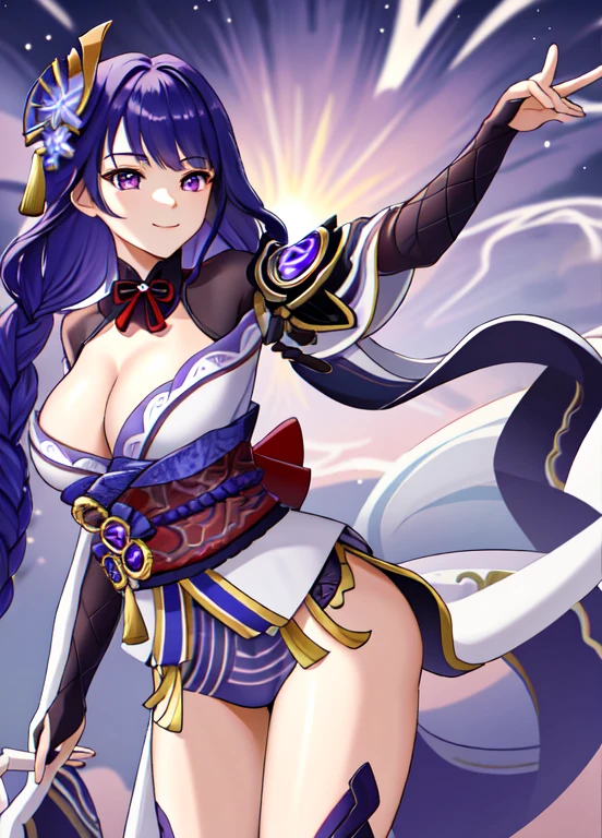((Masterpiece)), ((HD,)), ((aesthetic)), 《Raiden Shogun》, 《Genshin Impact》, cute face, blushing, smile, sexy pose, full body potrait, nice ass, nice breast, medium breast