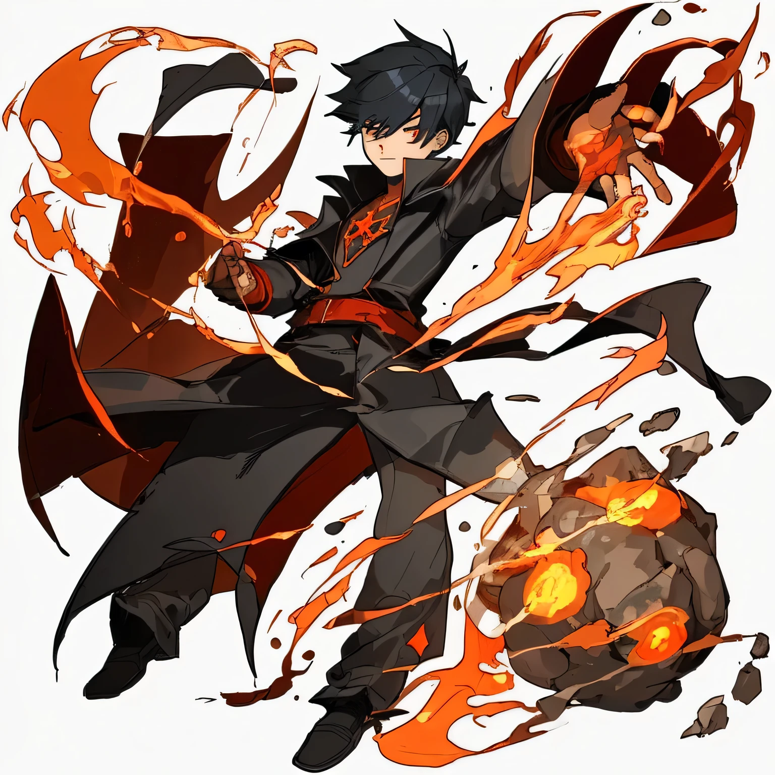 concept art, boy magician, Pyromancer, fire magician, hand of fire, sketch, simple style