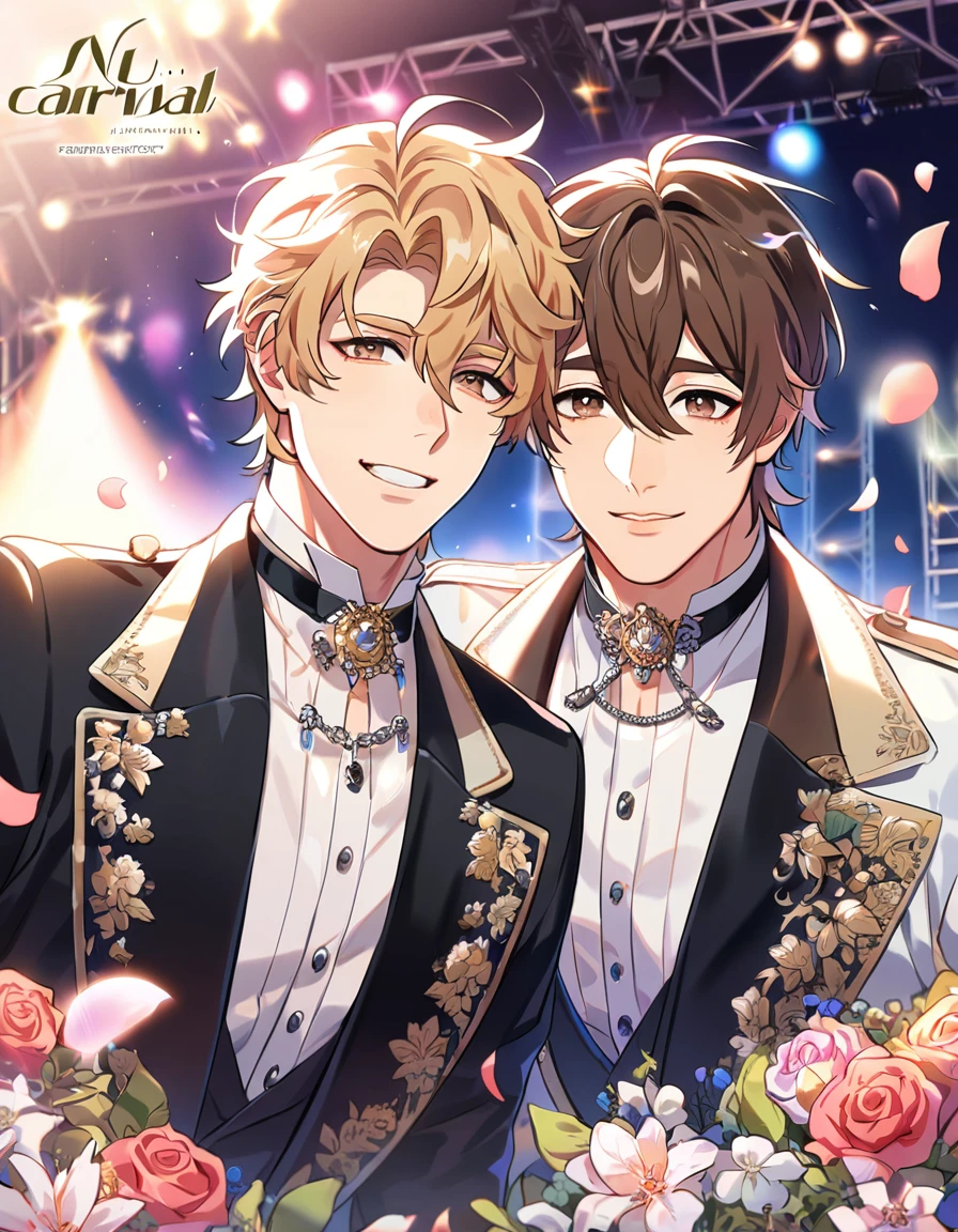 absurdres, highres, ultra detailed, HDR, master piece, best quality, perfect face, beautiful eyes, delicate features, Quincy, blond messy hair, expressive amber eyes, Nu Carnival, Eiden, brown hair, expressive brown eyes, two men together, gay couple, handsome, idols, idol white and black clothes, stage, lights, petals, flowers