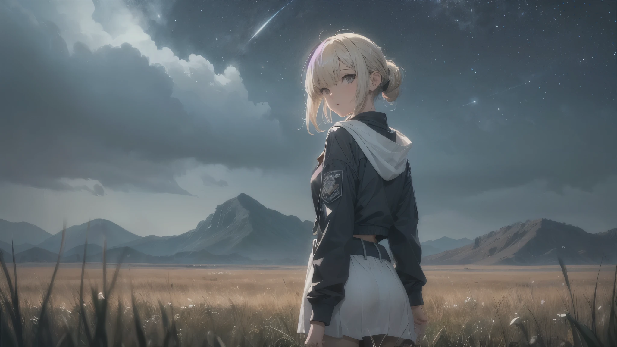 (highest quality,4K,8k,High resolution,masterpiece:1.2),Very detailed,Realistic,photoRealistic:1.37, High resolution,超High resolution,Studio Lighting,Ultra-fine painting,Sharp focus,Physically Based Rendering,Very detailed説明,Professional,Vibrant colors,Bokeh,((Dark Sky, Giant glass country, Ruined, Vast grassland)),no one, Blonde Short Hair, 女の子 in her twenties