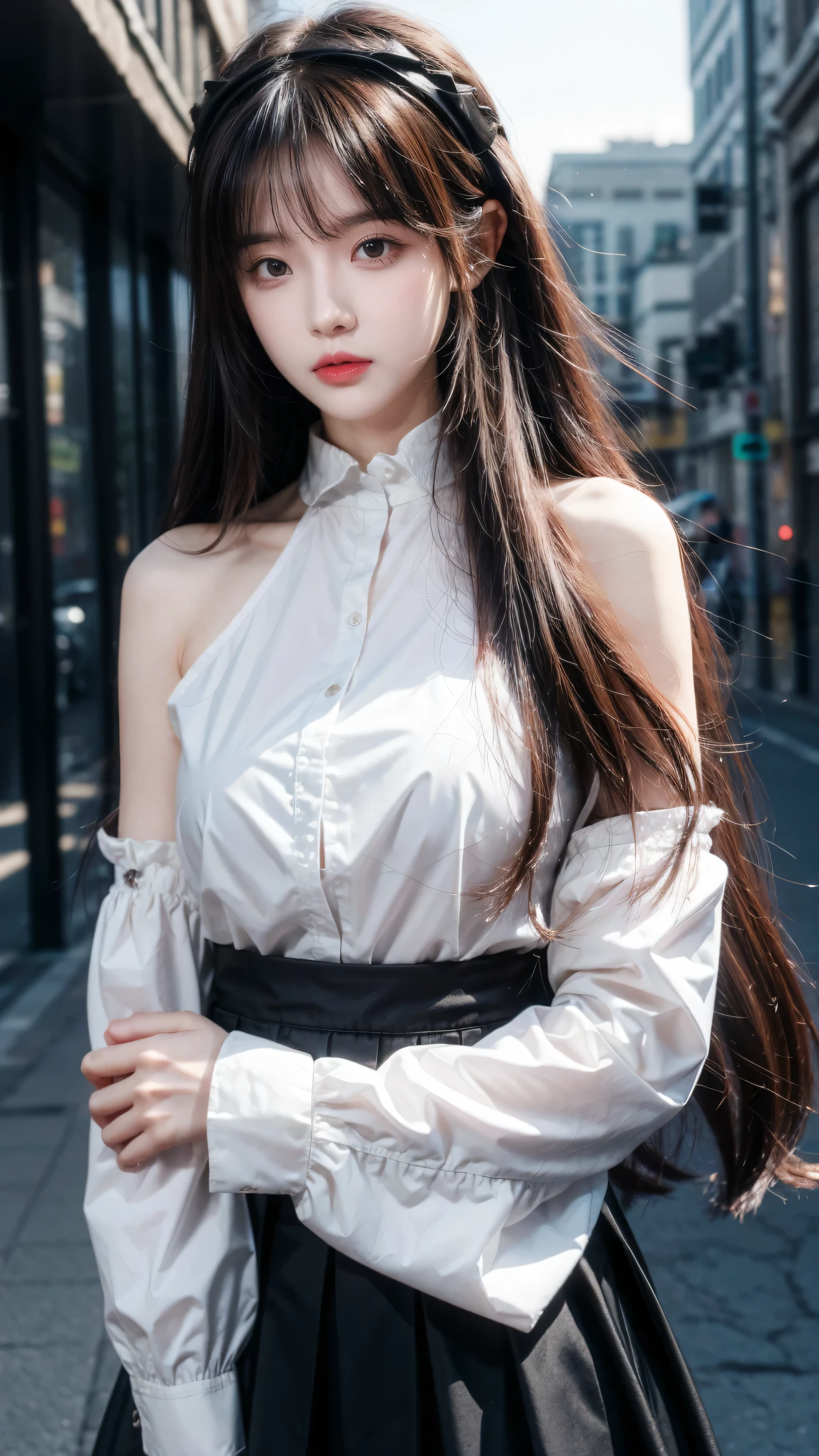Eris Greyrat, 1 Girl, Solitary, Long hair, Ahog, Red Eyes, Red hair, Bare shoulders,Headbands, Cross your arms,blush, skirt, black Headbands, breast, Separate sleeves,Bangs, Hair between the eyes, Long sleeve, Hair flap, Shut up, black skirt, brown skirt, shirt, crossed Bangs, very Long hair, white shirt,Biomes,Pointing at oneself,call out,angry,