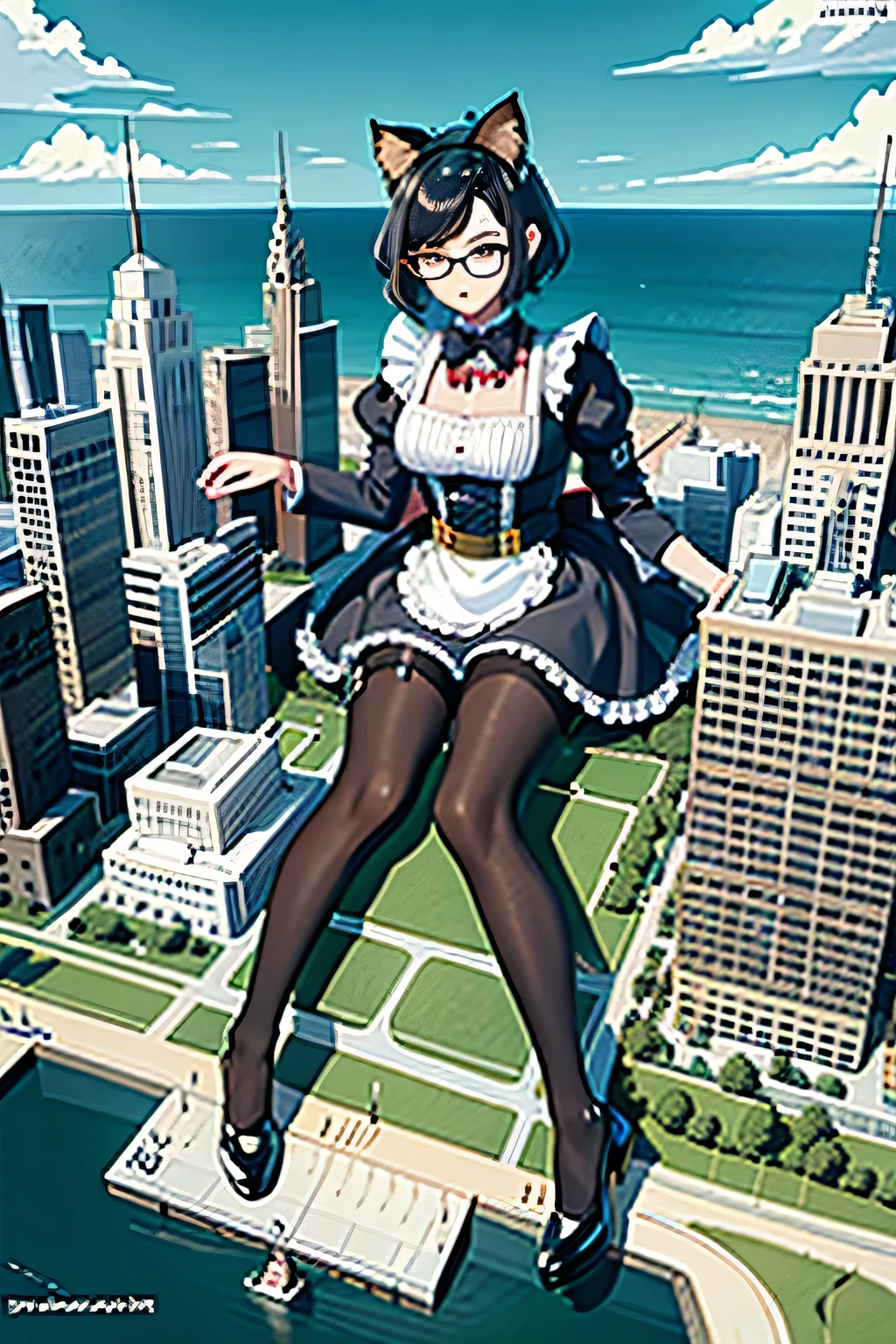 giantess art, teenager, Highly detailed Giant shot, Giant, short hair, black pantyhose, A maid that is much bigger than a skyscraper, wearing rimless glasses, big breasts, big butt, navy maid uniform, black pantyhose, black shoes, very small metropolis, miniature metropolis, full body description, gts, giga giantess, stomping city, crash city, tiny city, micro city, maid, a plan of a city, cat ears