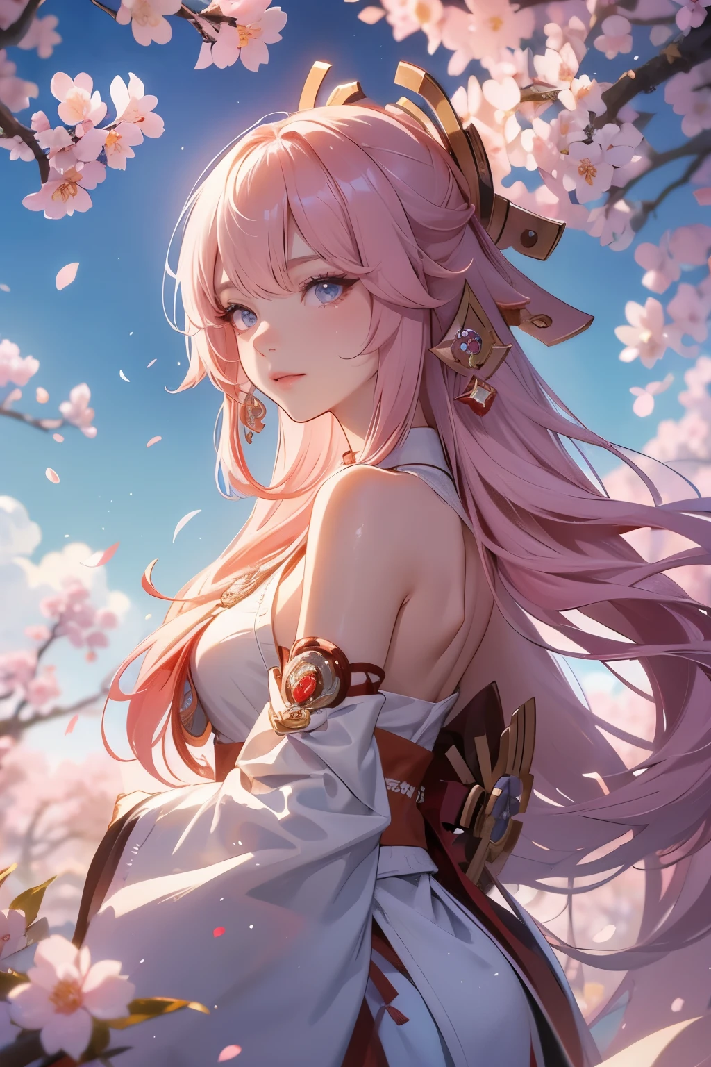 Hair ties, Falter, Long eyelashes, Round eyes, A light smile, Ear brush, tooth, Surrealism, Cast a Shadow, Anaglyph, Stereogram, tachi-e, throw, Atmospheric perspective, 8k, Super Detail, Accurate, highest quality，girl，((Yae Miko in Genshin，Genshin Impact)), Cherry blossom petals surround her, Best Anime，桜の木の前で剣を持っている長い髪のアニメのgirl, anime art wallpaper 4k,A little bit of side boob is visible、White shrine maiden costume
