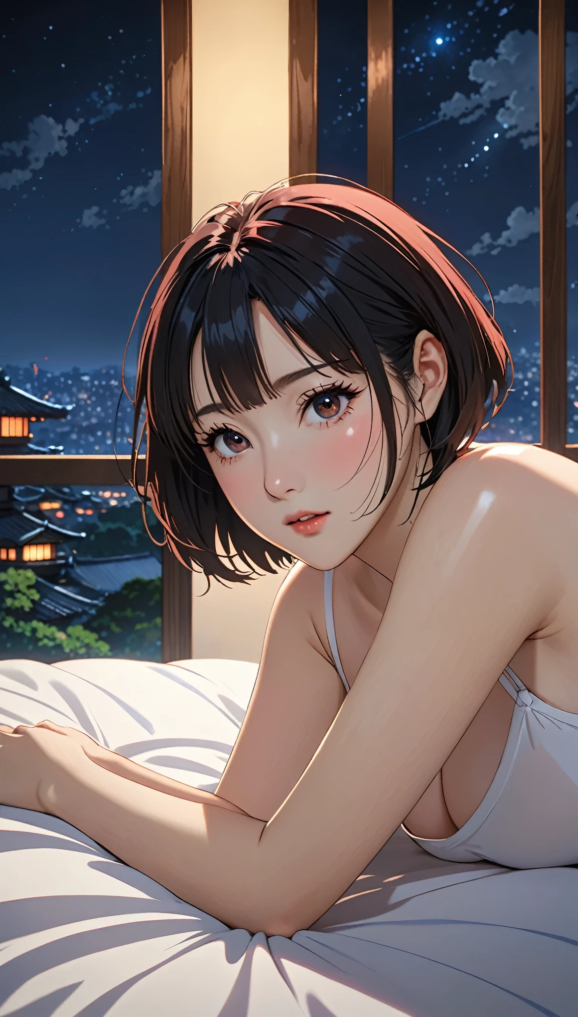 (Browsing Caution:1.5),(((I want to see up to the knees:1.5、Ezvian everywhere:1.5)))、masterpiece, High resolution, shape, Kyoto Animation Style, Your Name Movie Style, night, midnight, Light, (1 female: 1.3), (alone: 1.4), Long eyelashes, Short Bob, Red Nose, Lying down, naked, Lying in bed、Tears flow、(Outstretched Hand:1.2)、Mr..々Pause、(上半身のみnaked)、Big Breasts、Erect nipples、(Wide-open legs:1.5)、Wide waist、Grey sports bra