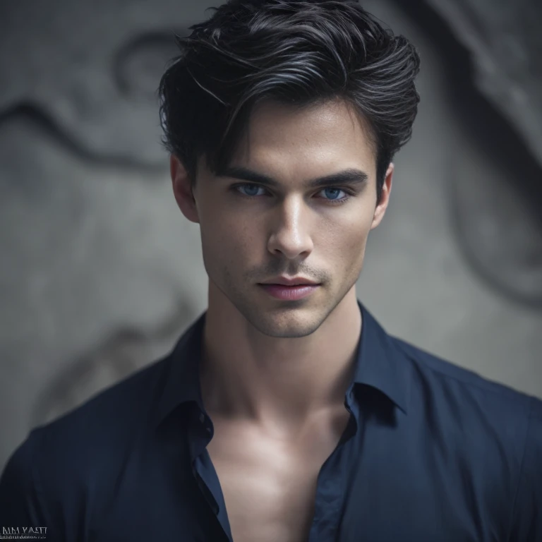 Image of a man in a shirt posing for a photo, Male Model, Handsome man, Beautiful and attractive face, Perfect pretty face, Handsome manの顔, Male portrait, Attractive man, Cinematic Headshot Portraits, Sharp Portrait, Angular jawline, A man with black hair and blue eyes, Ian Somerhalder 8k