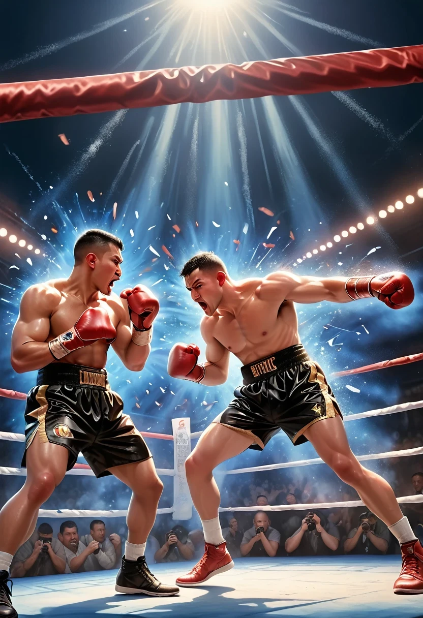 A boxing match, professional fighters, intense action, powerful punches, adrenaline-filled atmosphere, sweat and blood, intense focus, dramatic poses, dynamic movements, boxing ring, crowd cheering, boxing gloves, knockout punches, determination and resilience, boxing championship, championship belt, corner man giving instructions, referee maintaining order, fast-paced rounds, victory celebration, high-energy sport, competitive spirit, boxing techniques, precision footwork, defensive maneuvers, knockout blow, explosive power, boxing legends, boxing history, classic boxing match, iconic moments, black-and-white photography, dramatic lighting, gritty atmosphere, intense emotions, roaring crowd, glory and defeat, physical strength, mental toughness, sportsmanship, sportsmanship, strategy and tactics, professional athletes, peak physical condition, sports rivalry, dedication and discipline, explosive energy, flurry of punches. (best quality, highres, ultra-detailed), (realistic,photorealistic), vibrant colors, dynamic composition, dramatic shadows and highlights, energetic brushstrokes, captivating artwork.