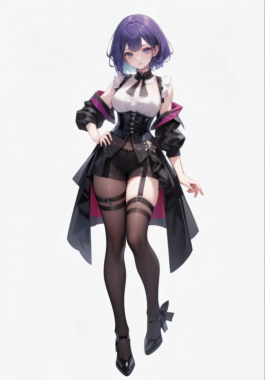 ((Perfect Face)),Purple Hair,Shortcuts,Adult female,bartender,((Body Harness)),((Shirt with rolled up sleeves)),tie,Black vest,((corset)),,((slit)),((Simple Background)),smile,((full body)),((Full Body)),((whole body))Character portrait,((upright)),Both arms are lowered,