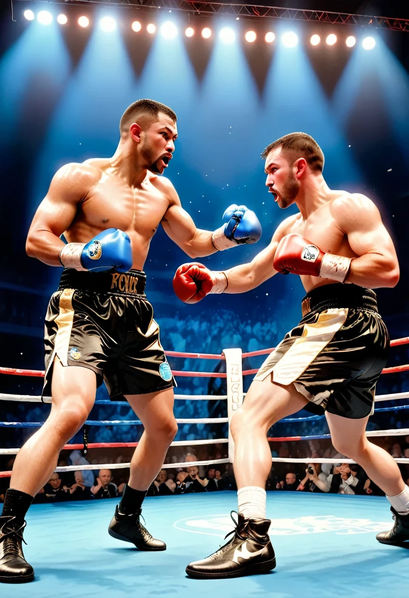 A boxing match, professional fighters, intense action, powerful punches, adrenaline-filled atmosphere, sweat and blood, intense focus, dramatic poses, dynamic movements, boxing ring, crowd cheering, boxing gloves, knockout punches, determination and resilience, boxing championship, championship belt, corner man giving instructions, referee maintaining order, fast-paced rounds, victory celebration, high-energy sport, competitive spirit, boxing techniques, precision footwork, defensive maneuvers, knockout blow, explosive power, boxing legends, boxing history, classic boxing match, iconic moments, black-and-white photography, dramatic lighting, gritty atmosphere, intense emotions, roaring crowd, glory and defeat, physical strength, mental toughness, sportsmanship, sportsmanship, strategy and tactics, professional athletes, peak physical condition, sports rivalry, dedication and discipline, explosive energy, flurry of punches. (best quality, highres, ultra-detailed), (realistic,photorealistic), vibrant colors, dynamic composition, dramatic shadows and highlights, energetic brushstrokes, captivating artwork.