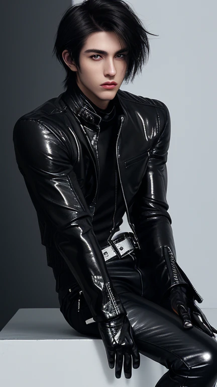 Final Fantasy-style graphics, young, Cute and cool Japanese boys, Thin eyebrows and big eyes,  He is wearing a shiny white single-breasted leather jacket.......。Biker style leather jacket、 with epaulettes,  The jacket is zipped up, The jacket pockets are black., The jacket has a high stand-up collar with a belt, Also wearing a black turtleneck, Black Leather Pants, Thin black leather gloves on both hands, Black leather knee-high lace-up boots, Show me your whole body from head to toe, Final Fantasy Style、((good looking))、((good looking))、((Clear eyes and nose))、((Shiny white single leather jacket))、((The jacket must be white))、((The jacket has epaulettes))、((Jacket has a high stand-up collar and belt))、((The jacket has a black pocket))、((Black turtleneck shirt))、((Black Leather Pants))、((Always wear shiny black leather gloves on both hands))、((Cover all fingers on both hands with gloves))、((Black lace-up leather long boots))、((View full-body images from a distance))、Realistic image quality and texture、In a small cell、close your eyes、A kind smile、((The front of the jacket is closed with a zipper))、((No exposed skin below the neck))、((round face)、((Short Hairstyleedium build))