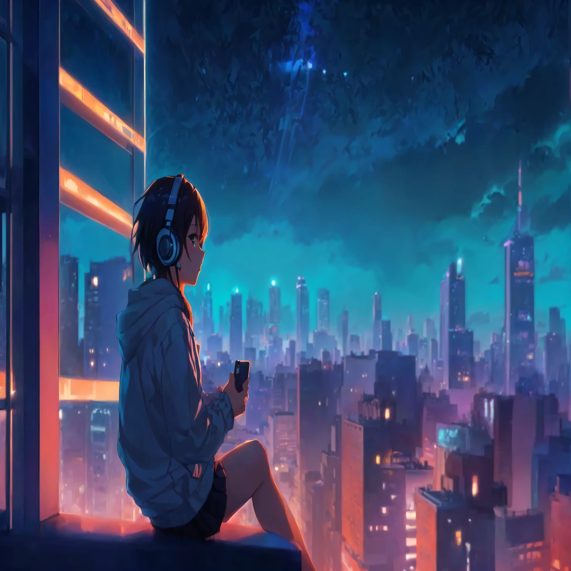 Anime girl sitting on a window sill and looking at her mobile phone, Lofi Artstyle, LOFI Girl, Anime Style 4k, Lofi Art, Anime atmosphere, 4k anime wallpaper, Portrait of Rofi, Lo-fi vibe, anime art wallpaper 4k, In front of a SF cityscape, anime art wallpaper 4k, makoto shinkai cyril rolando