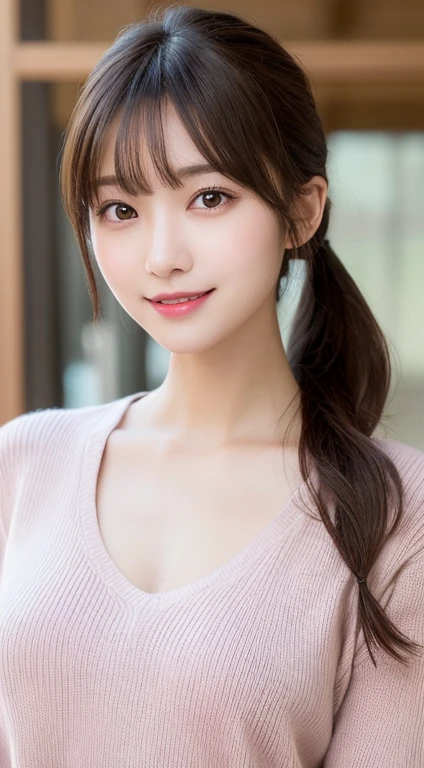 masutepiece, Best Quality, Illustration, Ultra-detailed, finely detail, hight resolution, 8K Wallpaper, Perfect dynamic composition, Beautiful detailed eyes, Wearing a light pink sweater, Ponytail hair,Brown hair color ,Small breasts, Natural Color Lip, Random and sexy poses,Random situations,Slender body,Slender face,A big smile
