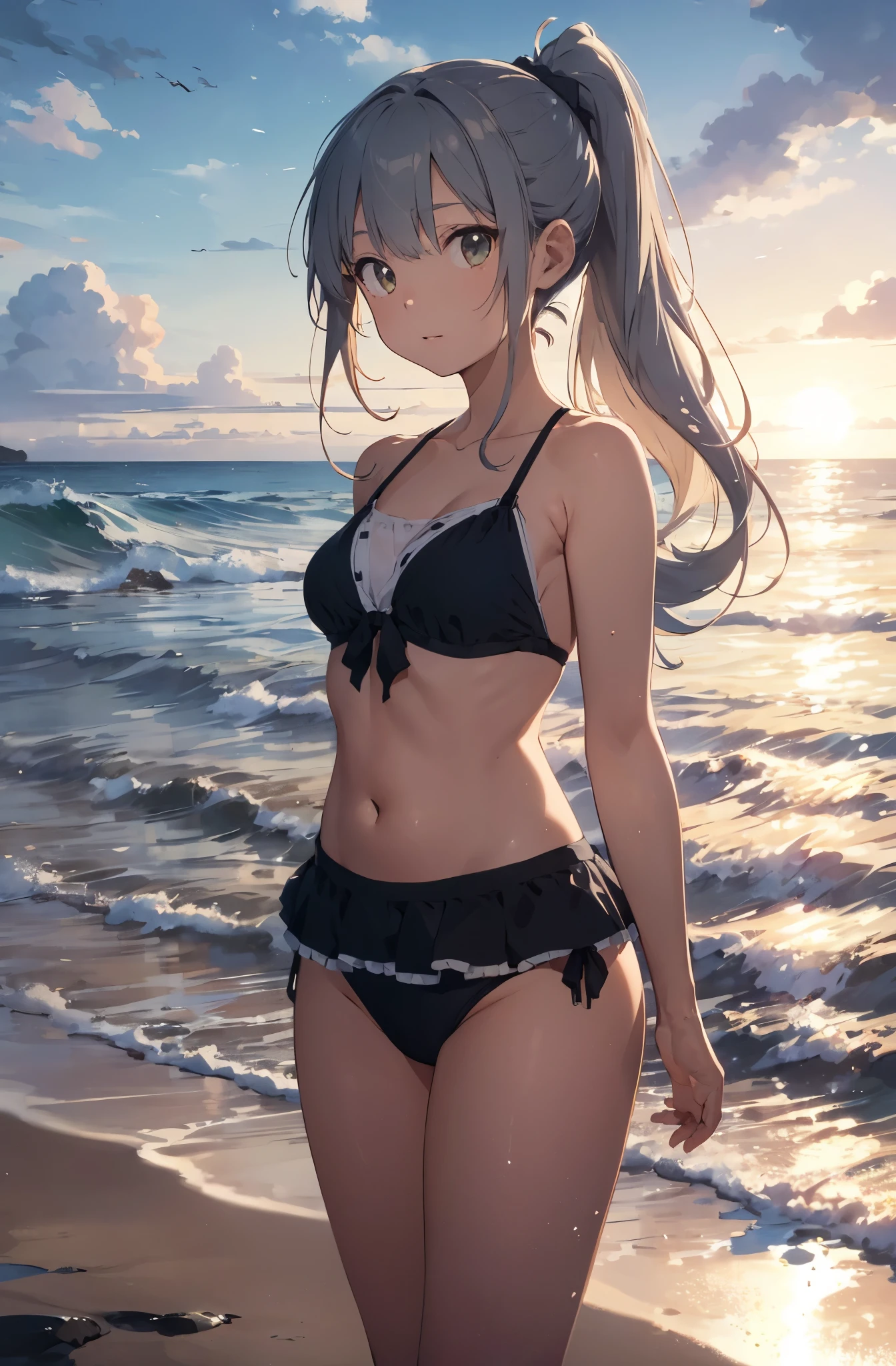 Silver-haired girl drawn in high resolution Japanese anime style、Standing alone on the white sand beach of a deserted island。She is wearing a gorgeous pink bikini.、Her hair is in a ponytail that sparkles in the light...。The sea in the background shines emerald green...、The beach is littered with shells and pebbles.、time々、Small waves gently wash up on the shore。熱帯のwood々Swaying in the Wind、Mr...々Among the branches々Birds are singing..。wood々Colorful flowers blooming in abundance、The entire island is filled with abundant nature...。On the horizon of a distant sea、The setting sun casts a beautiful orange glow over the ocean.、It gives the whole place a mystical feel...。、Wakame seaweed、Wakame seaweed、Wakame seaweed、Wakame seaweed、Wakame seaweed、Wakame seaweed、