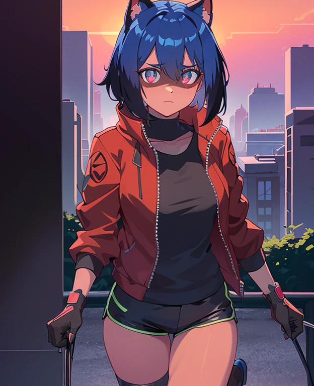 cyberpunk, portrait, Schwarz , Rot neon eyes, stilvoll tragen [Schwarz|Rot] Kleidung steht in einer Stadt, (sonnenaufgang:1.4), Street, kompliziert, fototealistisch