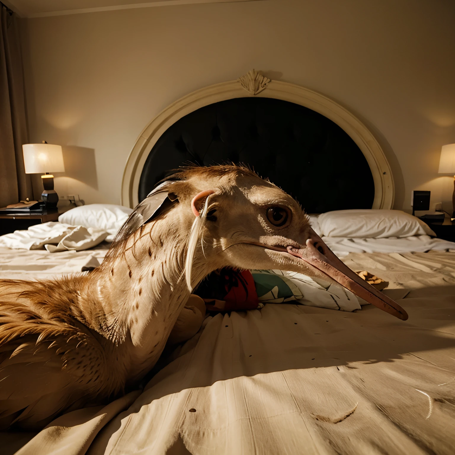 Sick ostrich on the bed