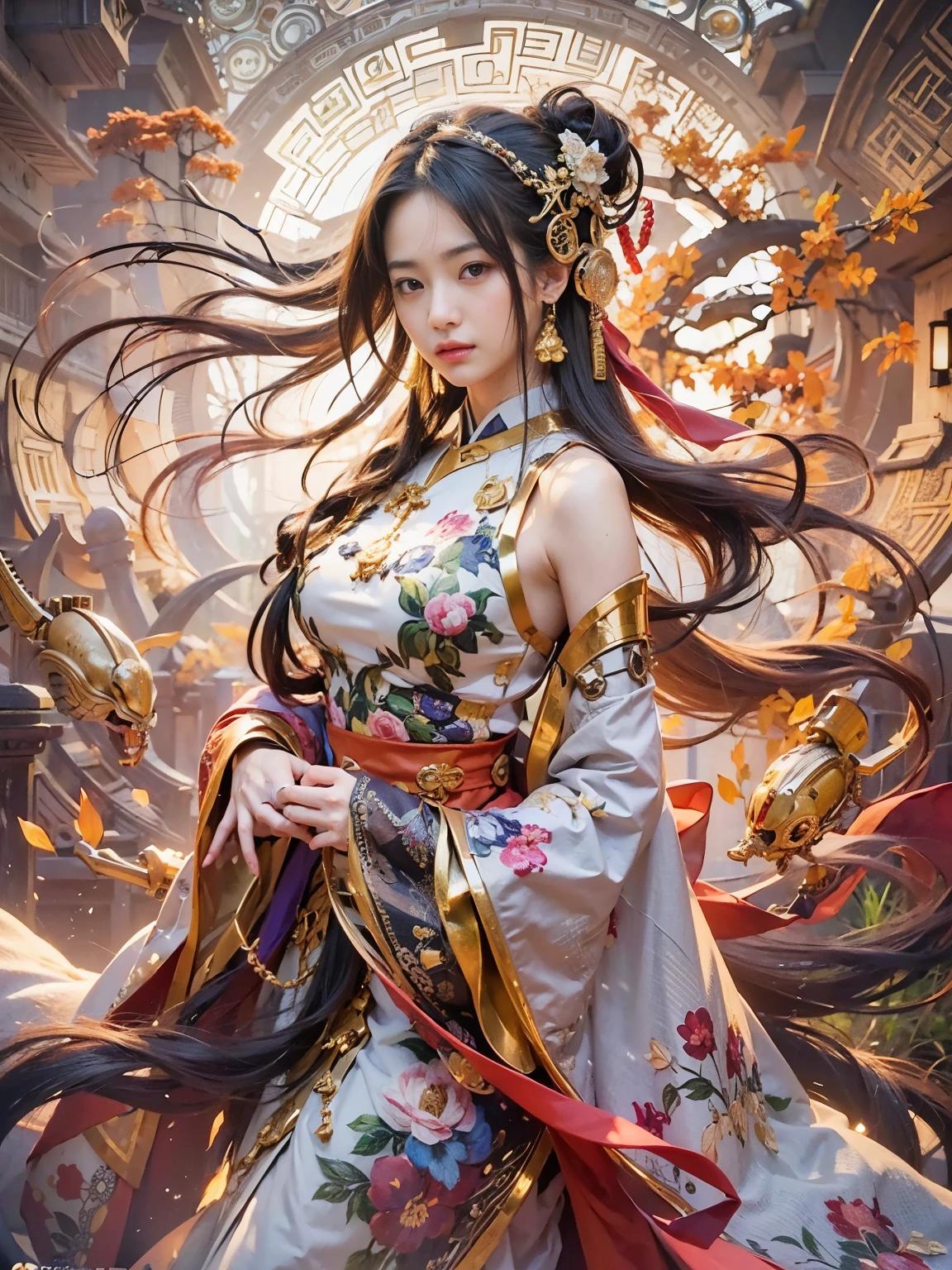 "a beautiful geisha with long flowing black hair, full breasts, full lips, beautiful eyes, silky skin, with ornaments in her hair, with a bun on her head and flowers, wearing a beautiful golden kimono with a red corset, posing, with a bright sun in the background and clouds, and honeycombs and giant bees behind, beautiful Japanese fertility goddess."