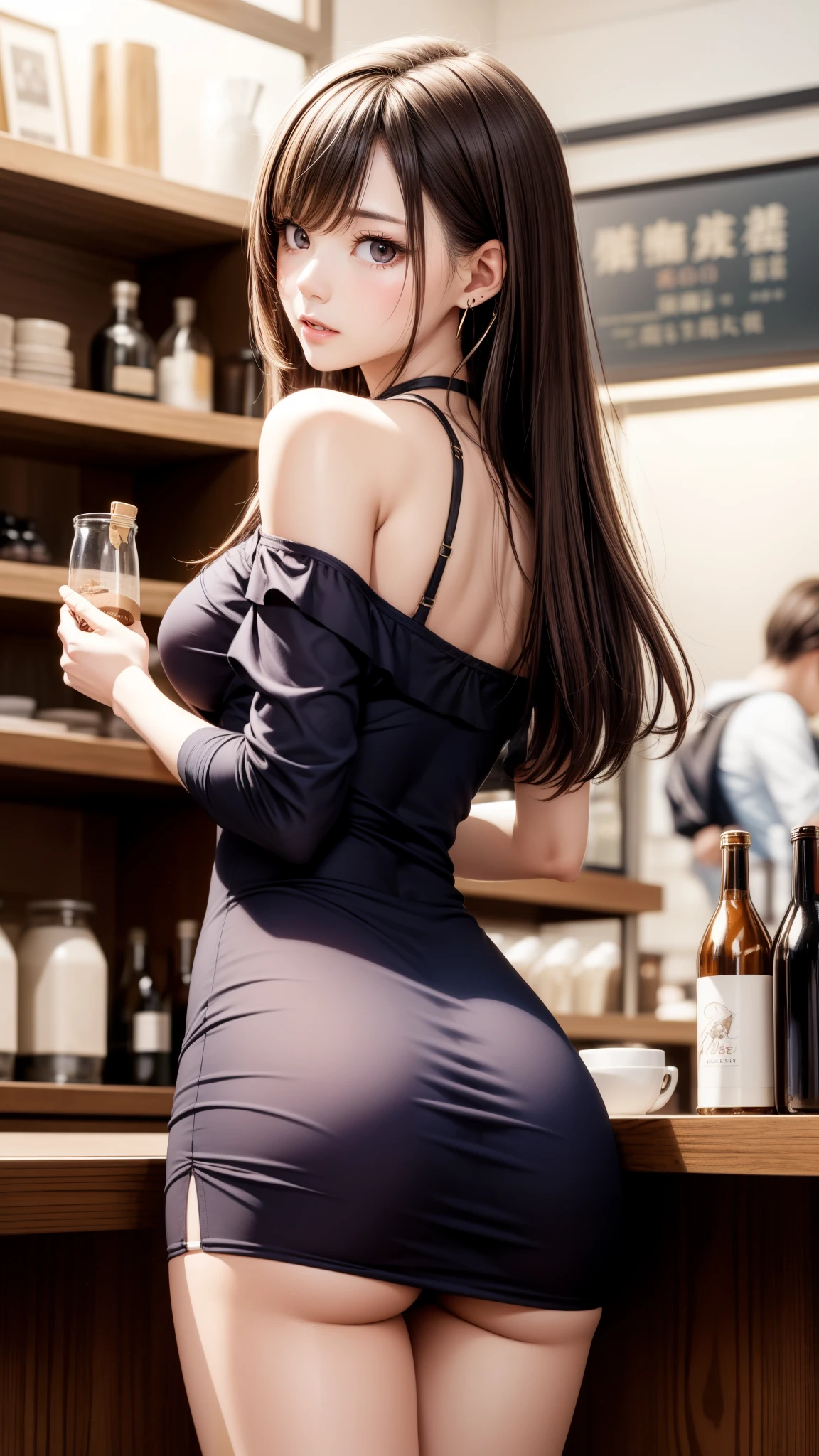 8K quality、High definition male、つま先立ちをするCoffee shopの女店員、Brown and purple long hair、Brown eyes、Ring piercing of the earlobe、Bright sunshine、Coffee shop、、A neat, short, off-the-shoulder dress、Beautiful legs、Beautiful thighs、Dignified face、Small breasts、Seduce、slender、Model Body Type、Ripe body、Neat 30 year old woman、Stretching to reach a bottle on a high shelf、Tight ass visible through the slit、Shooting from behind