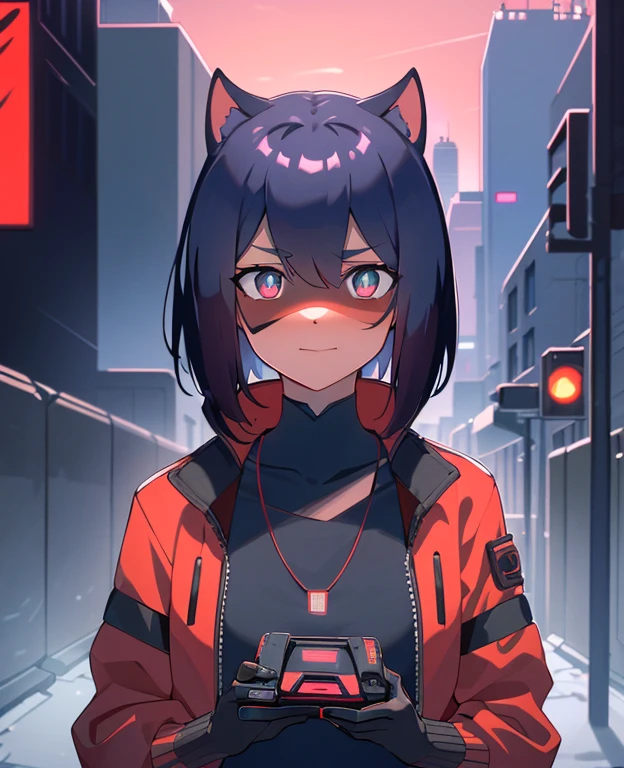 cyberpunk, portrait, Schwarz , Rot neon eyes, stilvoll tragen [Schwarz|Rot] Kleidung steht in einer Stadt, (sonnenaufgang:1.4), Street, kompliziert, fototealistisch