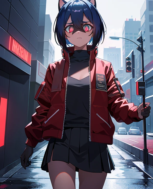 cyberpunk, portrait, Schwarz , Rot neon eyes, stilvoll tragen [Schwarz|Rot] Kleidung steht in einer Stadt, (sonnenaufgang:1.4), Street, kompliziert, fototealistisch