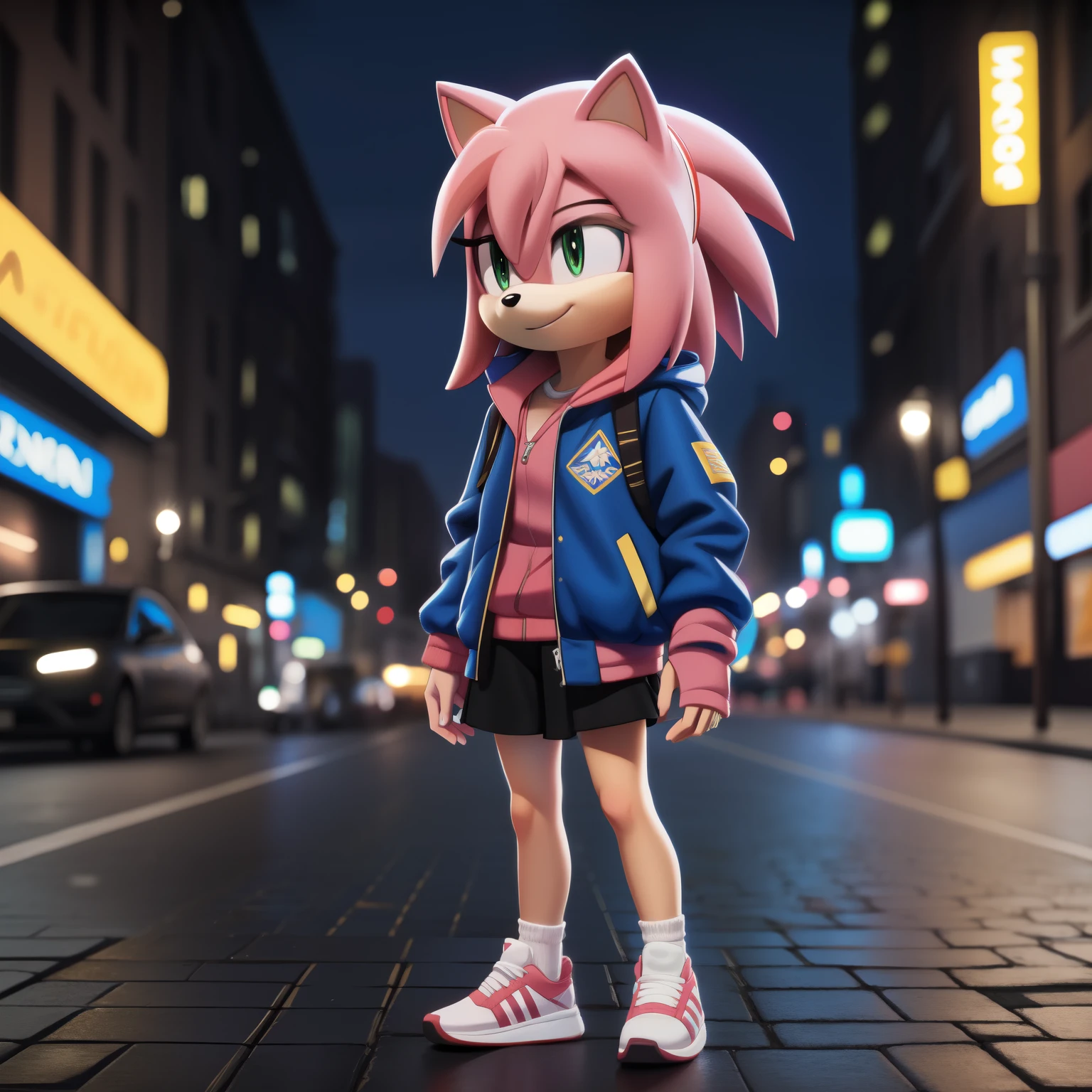amy rose wearing addidas jacket, in the city, at night, cute, intricated details, anime style, comic book style, digital art, 8k