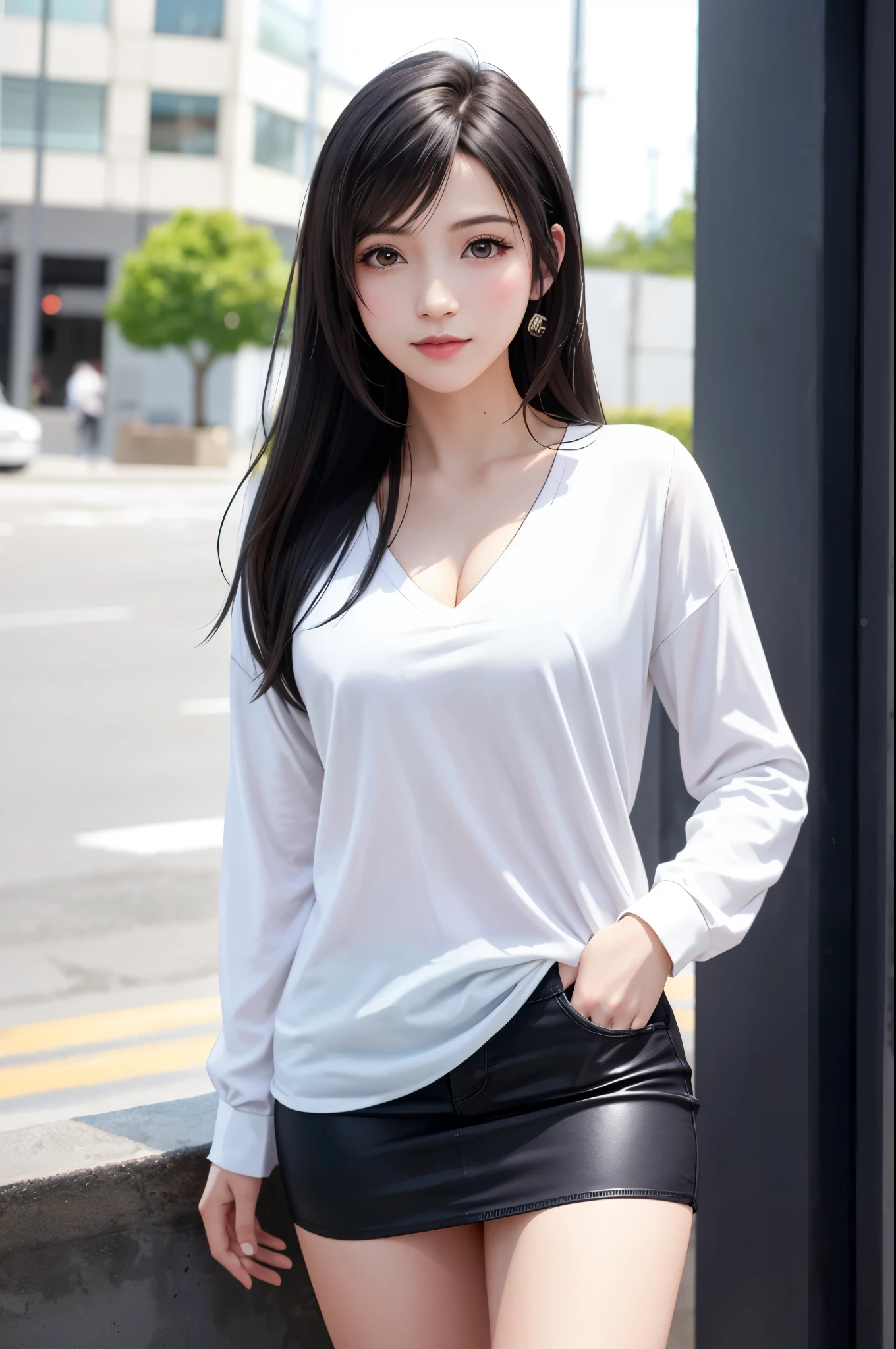 (top quality, masutepiece: 1.1), (Realistic: 1.3), BREAK (((FF7,Tifa_lockhart))),(solo,Tifa:1.2),(boyfriend's clothes:1.3,oversized long white shirt:1.3,long sleeve:1.2,shirt dress:1.3) ,(japan,sibuya,city, outdoor,behind wall,neon),(cool pose:1.1),Ultra-detailed face, Detailed eyes,Red eyes, BREAK (((FF7,Tifa_lockhart))),(black brown hair, Large breasts: 1.0), BREAK (no bra),(no panties),About 18 years old,kawaii,shy:1.1,meeting up for a date,waiting,cowboy shot