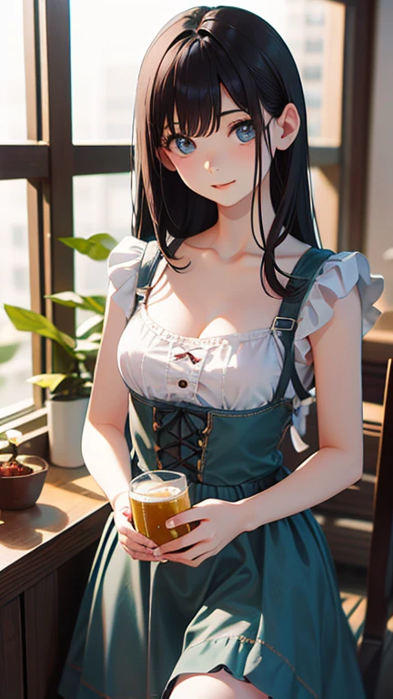 masterpiece, highest quality, One girl, View your viewers, Small waist, RAWphotograph,Hands intricately、Beautiful fingertips、 Ultra-realistic, High resolution, photograph, Sharp focus, Most detailed, Very detailed, Super detailed, In detail, Very detailed目と顔,Very detailed手と指、Young Wife、Thighs, beautiful girl,View your viewers, Small waist,Symmetrical face, Dirndl、Large Breasts、Emphasized cleavage、Beautiful clavicle、Long Hair、はだけたThighs、Beautiful navel、Beautiful cleavage、The bouncing breasts、Carrying beer、Embarrassed、Coins at your feet