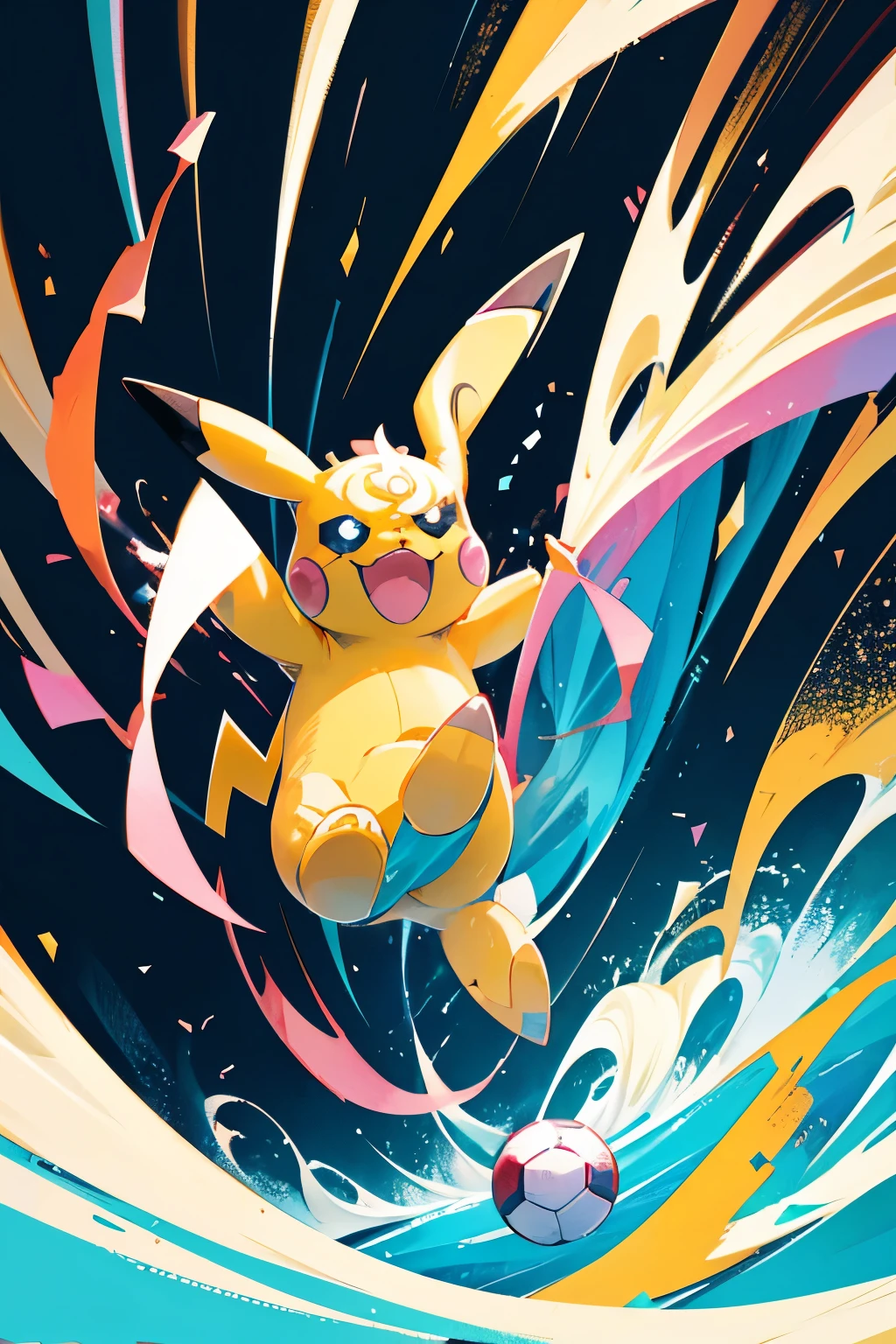 illustration of a Pokemon Pikachu kicking a soccer ball , bicycle kick, soccer, alone, soccer player, stylized digital illustration, stunning manga art style, Pokemon Art, drible, playing futebol, Kentaro Miura manga art style, anime style illustration, estilo de arte kentaro miura, arte oficial, arte de fundo, arte do jogo, Game illustration