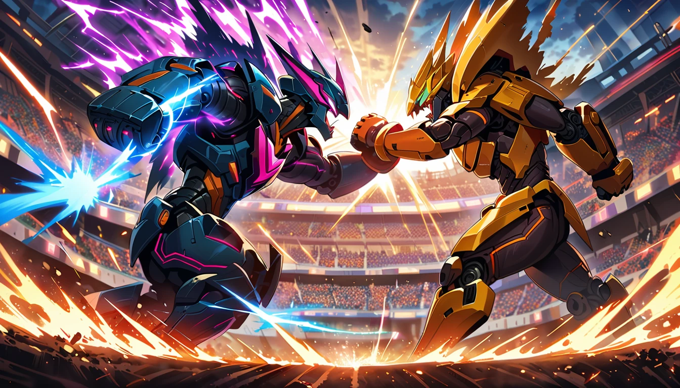 (giant robots,boxing duel, boxing match, boxing ring,action-packed,high-energy,metallic gleam,high-tech,destructive force,metallic clangs and thuds,sparkling energy,explosive impacts,mechanical precision and power,powerful strikes,sparks flying,packed stadium,electric atmosphere,colorful lights and lasers,stadium full of cheering fans,screaming crowd,electric energy,suspenseful atmosphere,roaring cheers,thunderous applause,vibrant intensity,split-second movements,dynamic punches and dodges,impressive agility,thundering footsteps,dystopian ambiance,gritty backdrop,futuristic setting,awe-inspiring size and strength,unyielding determination,emotional intensity,powerful sound effects,heroic struggle)