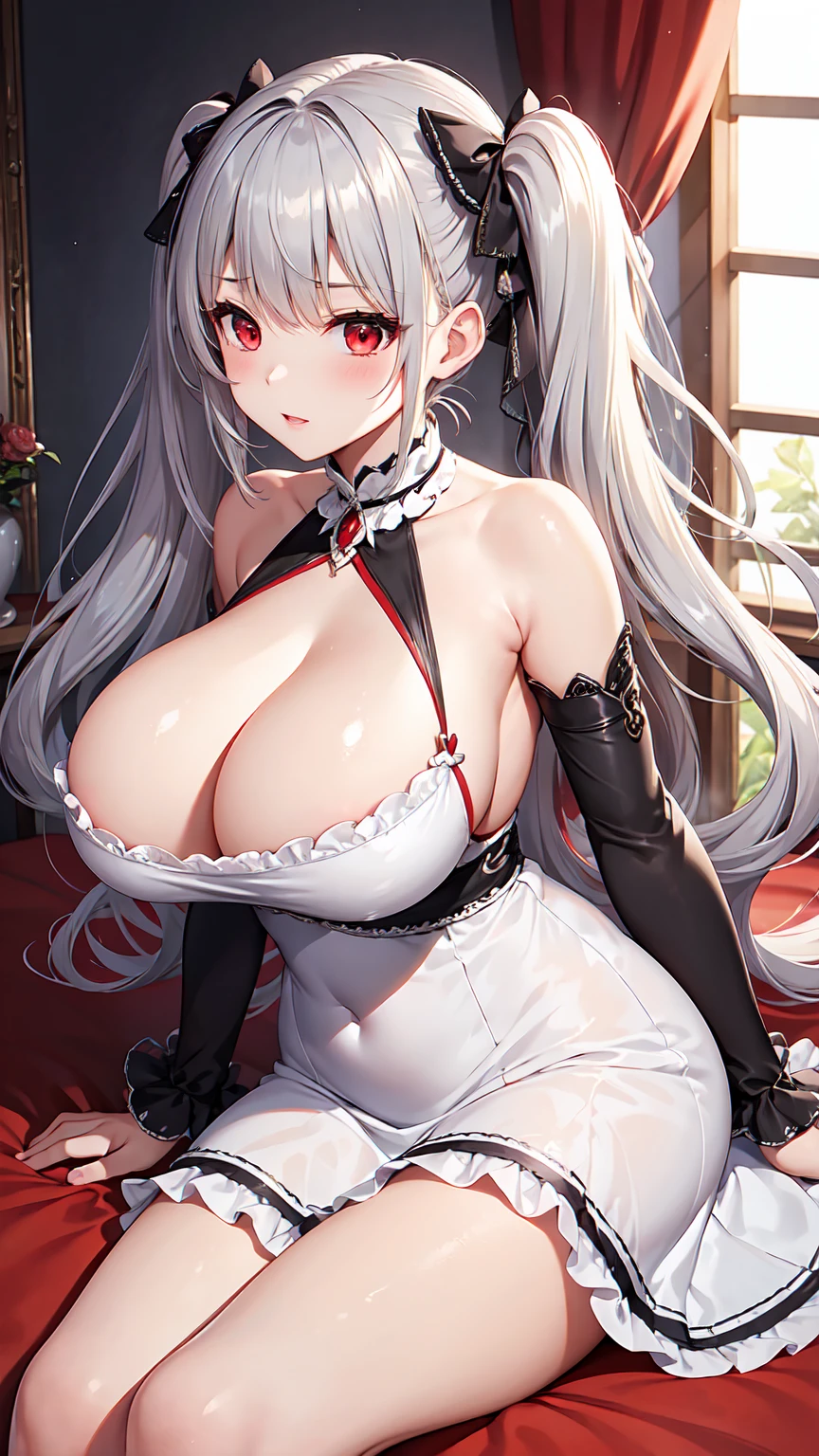 Highest quality、Masterpiece、Real、Dynamic Angle、MILF with huge breasts、Silver-haired long twin tails、Red Eyes、Waistline、Ruffled Dress