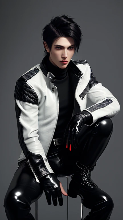 Final Fantasy-style graphics, young, Cute and cool Japanese boys, Thin eyebrows and big eyes,  He is wearing a shiny white single-breasted leather jacket.......。Biker style leather jacket、 with epaulettes,  The jacket is zipped up, The jacket pockets are black., The jacket has a high stand-up collar with a belt, Also wearing a black turtleneck, Black Leather Pants, Thin black leather gloves on both hands, Black leather knee-high lace-up boots, Show me your whole body from head to toe, Final Fantasy Style、((good looking))、((good looking))、((Clear eyes and nose))、((Shiny white single leather jacket))、((The jacket must be white))、((The jacket has epaulettes))、((Jacket has a high stand-up collar and belt))、((The jacket has a black pocket))、((Black turtleneck shirt))、((Black Leather Pants))、((Always wear shiny black leather gloves on both hands))、((Cover all fingers on both hands with gloves))、((Black lace-up leather long boots))、((View full-body images from a distance))、Realistic image quality and texture、In a small cell、close your eyes、A kind smile、((The front of the jacket is closed with a zipper))、((No exposed skin below the neck))、((round face)、((Short Hairstyleedium build))