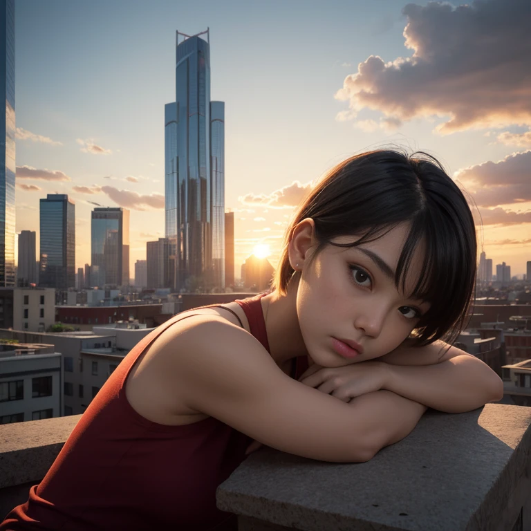 1girl, building, city, cityscape, head rest, lips, outdoors, photo \(medium\), realistic, short hair, sky, skyscraper, sleeveless, solo, sunset, upper body