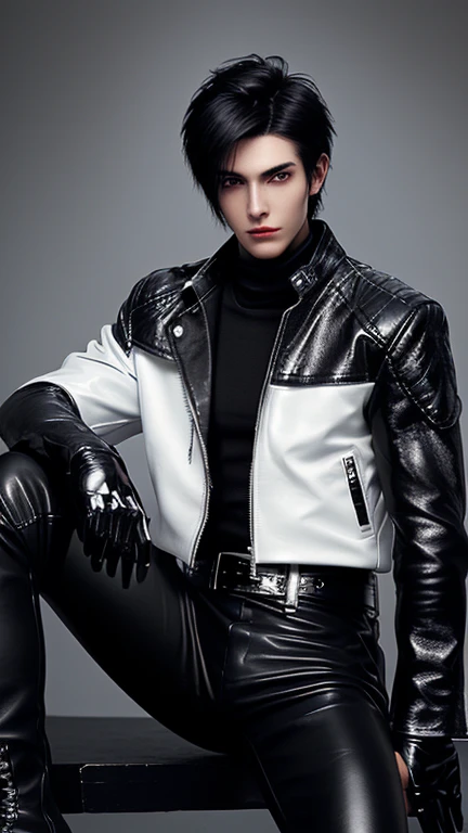 Final Fantasy-style graphics, young, Cute and cool Japanese boys, Thin eyebrows and big eyes,  He is wearing a shiny white single-breasted leather jacket.......。Biker style leather jacket、 with epaulettes,  The jacket is zipped up, The jacket pockets are black., The jacket has a high stand-up collar with a belt, Also wearing a black turtleneck, Black Leather Pants, Thin black leather gloves on both hands, Black leather knee-high lace-up boots, Show me your whole body from head to toe, Final Fantasy Style、((good looking))、((good looking))、((Clear eyes and nose))、((Shiny white single leather jacket))、((The jacket must be white))、((The jacket has epaulettes))、((Jacket has a high stand-up collar and belt))、((The jacket has a black pocket))、((Black turtleneck shirt))、((Black Leather Pants))、((Always wear shiny black leather gloves on both hands))、((Cover all fingers on both hands with gloves))、((Black lace-up leather long boots))、((View full-body images from a distance))、Realistic image quality and texture、In a small cell、close your eyes、A kind smile、((The front of the jacket is closed with a zipper))、((No exposed skin below the neck))、((round face)、((Short Hairstyleedium build))
