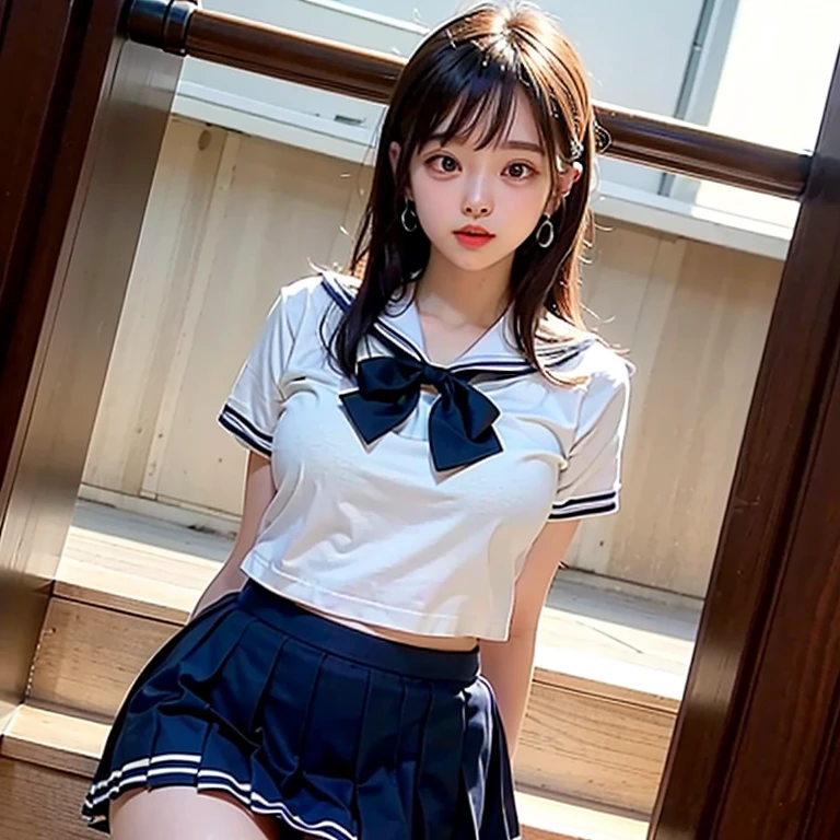 (highest quality:1.2), 8k, Official Art, RAW Photos, look up、17 years old、high school girl、 Big eyes、Droopy eyes、深いsorrow、sorrow、look up at the sky、Open your mouth、shout、 (Upper Body, The top is a short-sleeved white sailor suit、Lower Body、Navy Pleated Mini Skirt:1.4), (Under the skirt、White lace panties)、beautiful girl, Cute face, Earrings、Big Breasts、(Shiny thighs、Shiny thighs:1.5)、(Thin legs)、Beautiful legs、 Luxury white panties、Gold decoration in hair、 Looking at the audience, (Draw the inside of the skirt in detail from below:1.3)、(Peeking up a skirt from a low angle:1.3)、Face Light, Dynamic Lighting, Cinema Lighting, Eye and facial details, Background blur, (1 dark blue bow tie:1.2)、On the stairs of the station、