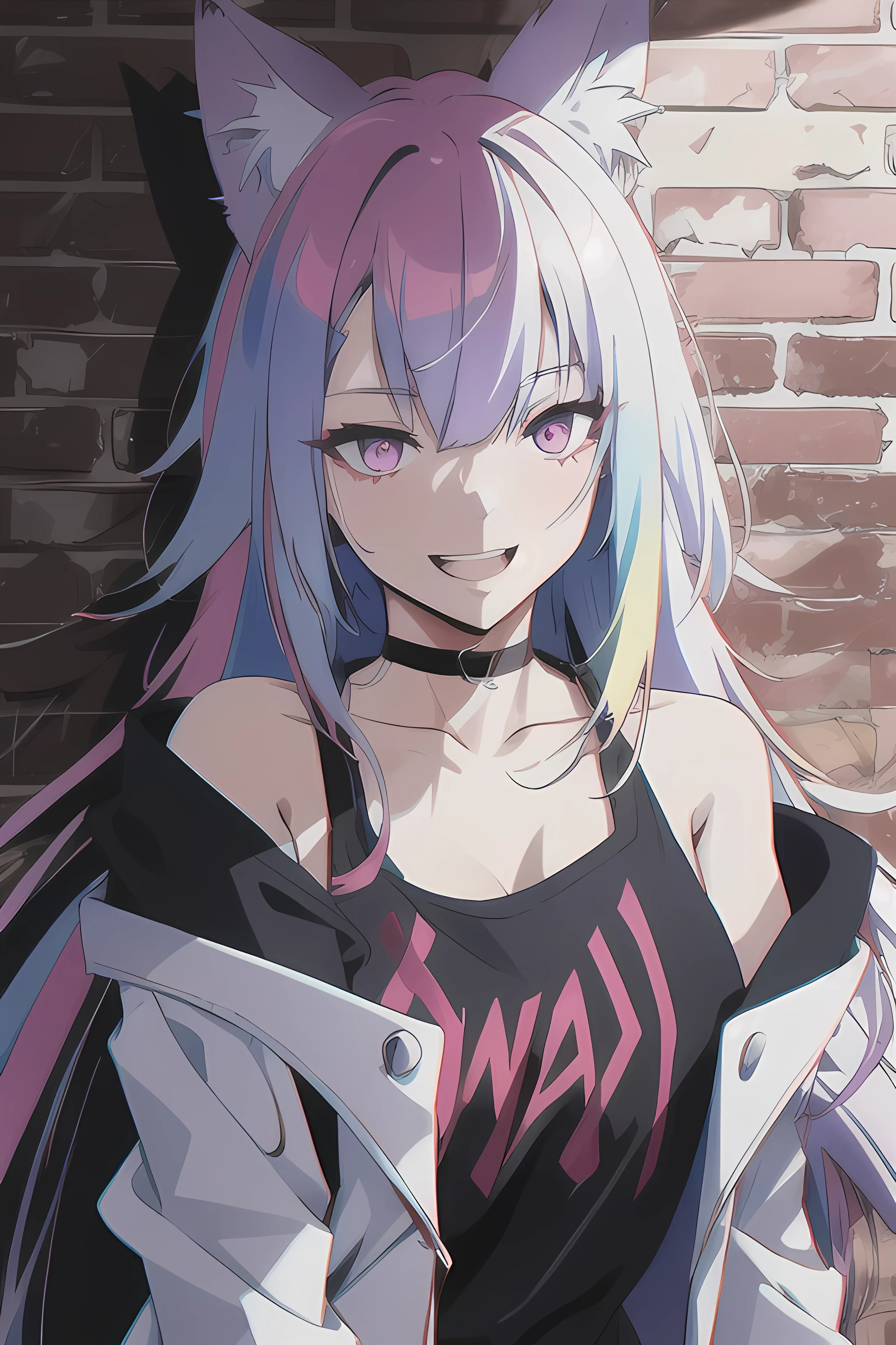 best quality, intricate details, chromatic aberration,1girl, long hair, colourful hair, messy hair, red highlights, hair over one eye,cat eyes, sharp eyes, Laughing ,choker, neon shirt, jacket,against wall, brick wall, blacklight,wolf ears