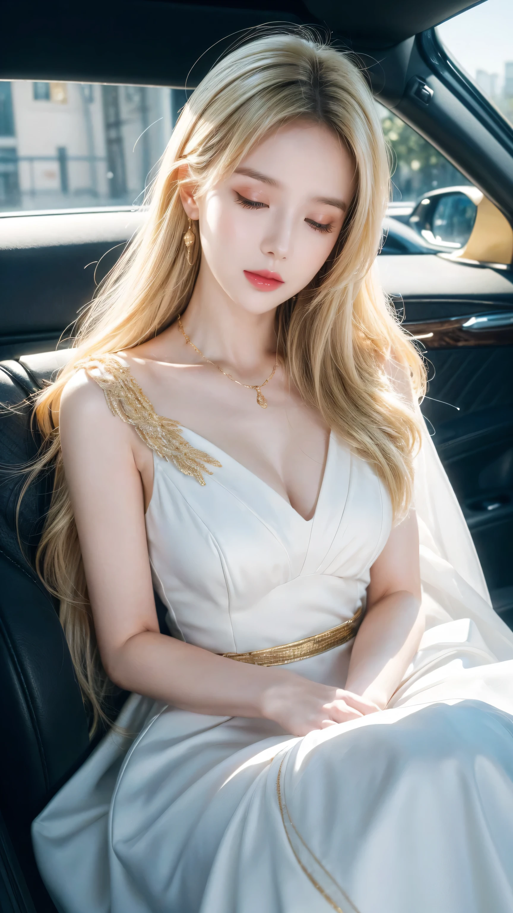 ((tmasterpiece)), ((Best quality at best)), 8K, k hd, super detailinaam), (White dress with gold trim), (The blonde hair shawl was scattered), (Closed eyes expression) (sleeping in the car 1.6) (Full body display 1.4) 艺术品是一件tmasterpiece, 具有最好的品质和super detailing, captured in 8K k hd. Photographic actual, actual, very detailed illustrations actual, octaneratingrendering