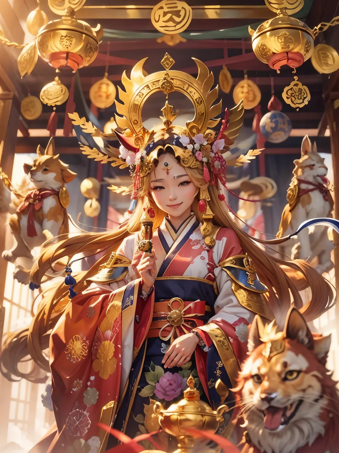 (((Overall golden)))、Golden Japanese God、Inari Shrine of Abundance、Toyouke Okami、God of the Floating、God of Money、Great costumes、His existence is a treasure、(((Smiling)))、God of Fortune、people々Money and treasure、God of good fortune、Every detail is smooth and detailed、highest quality、masterpiece、Perfect lighting、Detailed digital art、