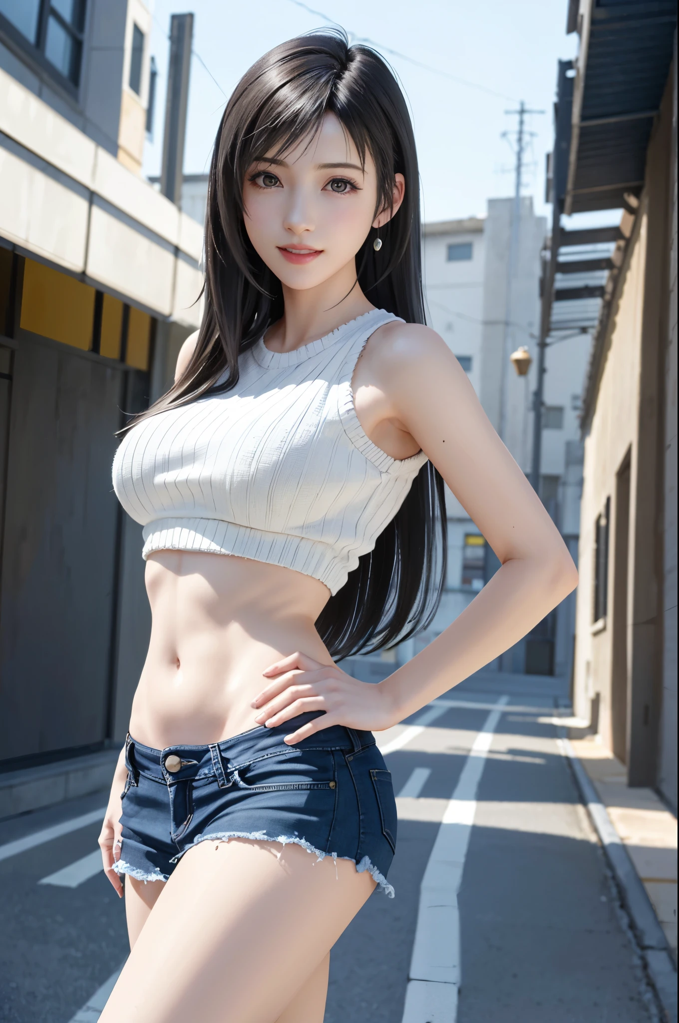 (top quality, masutepiece: 1.1), (Realistic: 1.3), Cinematic Light, lensflare, Ray traching, BREAK (((FF7,Tifa_lockhart))),(solo,Tifa:1.2), ((Bare belly)),((Mid-Riff Sweater)),((Ultra-low rise,Denim Mini Skirt)), ((Navel Ejection)) ,(behind big city:1.2),(sexy pose:1.3),(Wet with sweat:1.2),Ultra-detailed face, Detailed eyes,Red eyes, BREAK (((FF7,Tifa_lockhart))),(black brown hair, Large breasts: 1.0), BREAK (About 18 years old),kawaii,happy smile:1.1