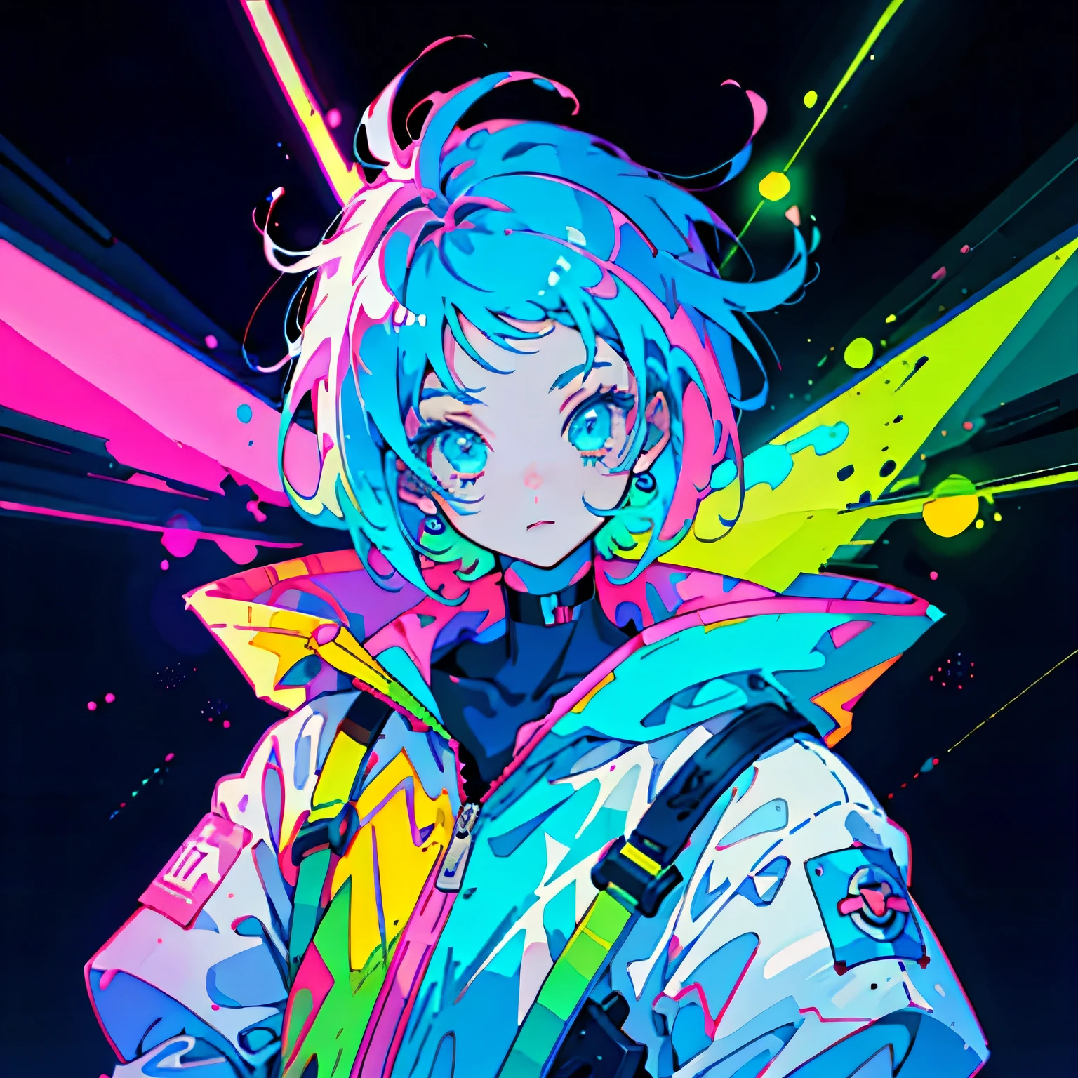 Anime Girl, Wearing a space suit, neon blue hair, and pinks, scar, sticker, Neon style overall shot, Cool pose,Look up