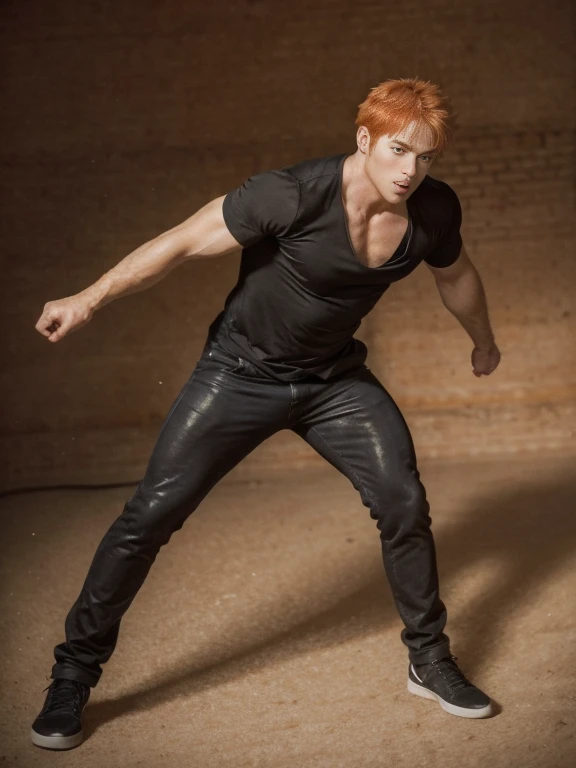 Full Body photorealistic handsome Hunky orange haired Ichigo in action