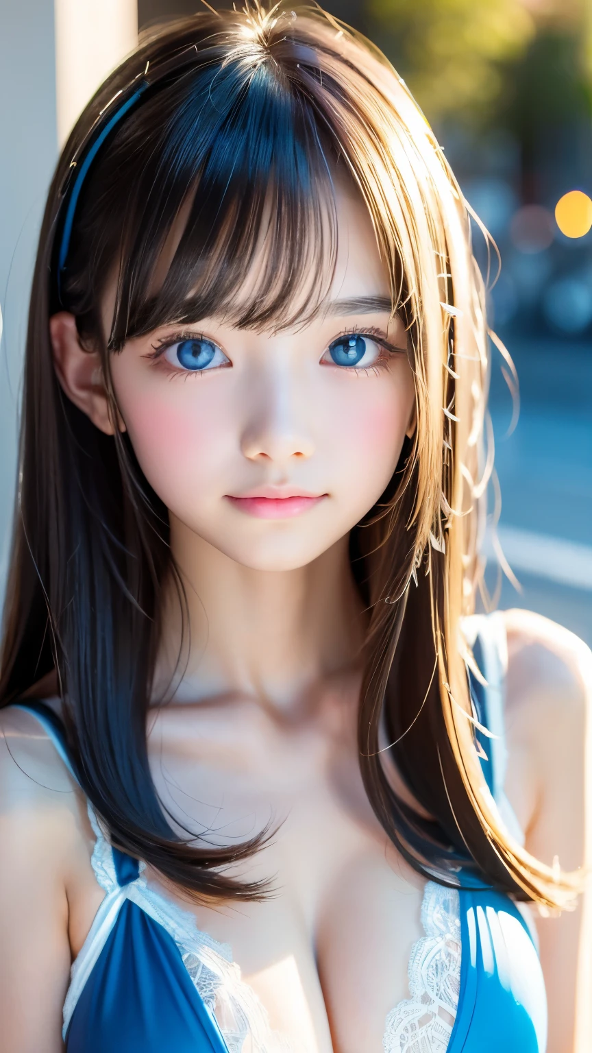 Beautiful fair and glowing skin, 3 Up, gorgeous, bright, Refreshing and gentle expression, Perfect beautiful face、Super long straight hair with shiny platinum strands, Beautiful shiny bangs, A very beautiful  girl, Eyeliner, Very perfect and beautiful lovely big clear sky blue eyes、非常漂亮bright眼睛亮点，Lace swimsuit，Huge breasts