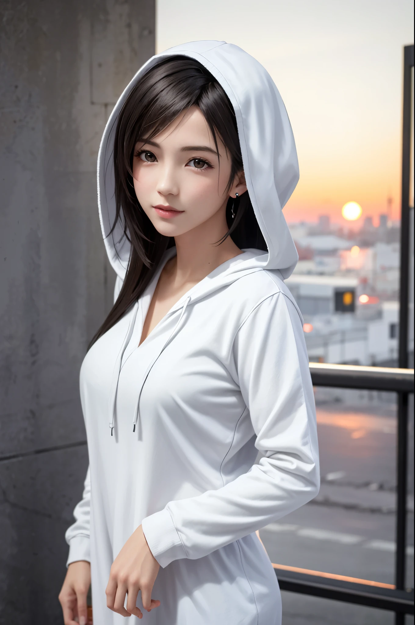 {{top quality, masterpiece}}, (Realistic: 1.3), BREAK {{{FF7,Tifa_lockhart, solo}}},(oversized large white hooded hoodie:1.3,long sleeve:1.2,shirt dress:1.3) ,{Japan, Shibuya, city, outdoor, behind wall, sunset),{{model pose, Nogizaka idol}},Ultra-detailed face, Detailed eyes, Red eyes, BREAK (((FF7,Tifa_lockhart))),(black brown hair, Large breasts: 1.0), BREAK (no bra),(no panties),About 18 years old, kawaii, shy:1.1, meeting up for a date, waiting, cowboy shot