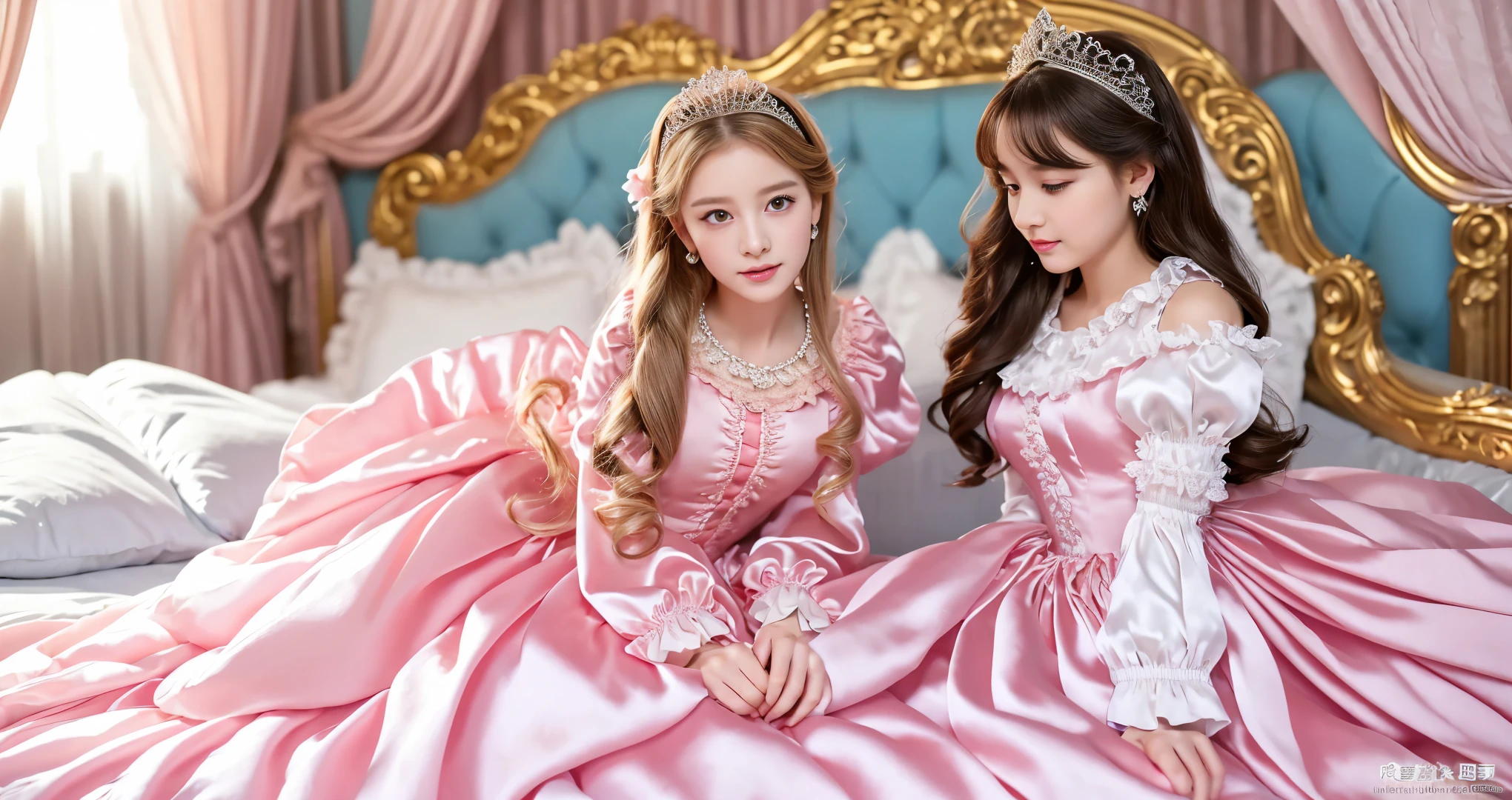 ,highest quality, masterpiece, Highest Resolution, artwork, super それにGet used to it, many Get used to it, Get used to it, それにGet used to it, 3K realistic photos,,((10 year old女の子)),Super detailed baby face,The two girls are princesses,Full-length ball gown dress with hoop skirt,Frilled yoke collar,Puff sleeves,Long sleeve,((Lolita style hot pink detailed princess satin dress、Lots of frills and ribbons。)),colorful rococo fashion,shiny satin dress,Soft and smooth fabric,luxury,Long blonde hair,blue eyes,white skin european,pajamas,((Inside the palace)),,,(( 10 year old)),Super detailed baby face,Full-length ball gown dress with hoop skirt,Long skirt,Frilled yoke collar,Puff sleeves,腰まで伸びるLong blonde hair,blue eyes,white skin european,pajamas,((Inside the palace bedroom)),シルクサテンのluxuryなCanopy bedの上,Canopy bed,Gorgeous curtains on either side of the bed,There were a lot of frilly pillows on the bed.,Highly detailed background,Detailed bed,Romantic atmosphere,Two little princesses on the bed,((((Her legs are hidden inside the dress)))),The dress is spread out on the bed,Soft silk satin comforter in pastel colors,Pastel colored silk satin bed sheets,Soft silk satin ruffle pillow in pastel colors,Beautiful girl illustration,Beautiful detailed face Detailed hair,Detailed human eye ,Mouth details, Arm details,Beautiful Hands,Detailed pillow,