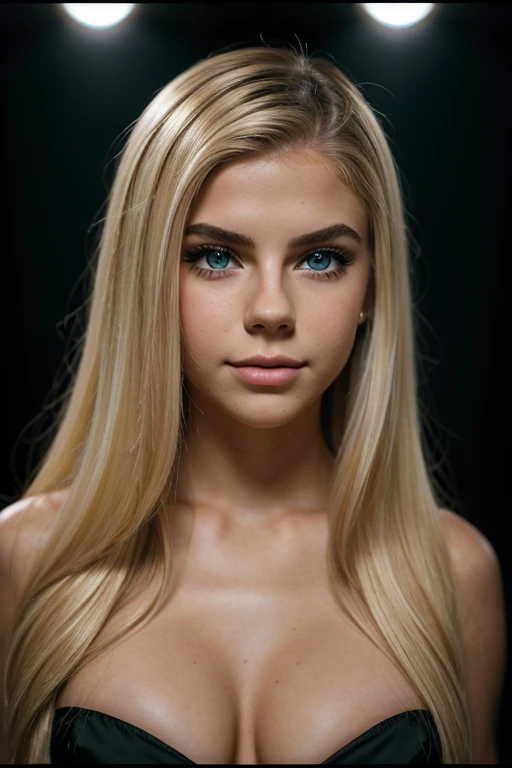 18 year old bimbo woman, plastic, very big lips, green eyes, medium eyelashes, medium nose, medium ears, thick eyebrows, long blond hair, looks away, natural skin, moles on skin, (cinematic, film grain: 1.1) smile, dynamic body posture, full body, + cinematic darkness, chiaroscuro, contrasted, ma(:0)disyn s(:0)hipman, all prologue, continuation, youth body, at the French Riviera film festival, corporate punk, wrapped, surreal, high quality photography , 3-point lighting, flash with softbox, 4k, leica m6, hp5 plus, sharp focus, high resolution, award-winning photography, medium photo grain, 50mm, f2.8, depth of field